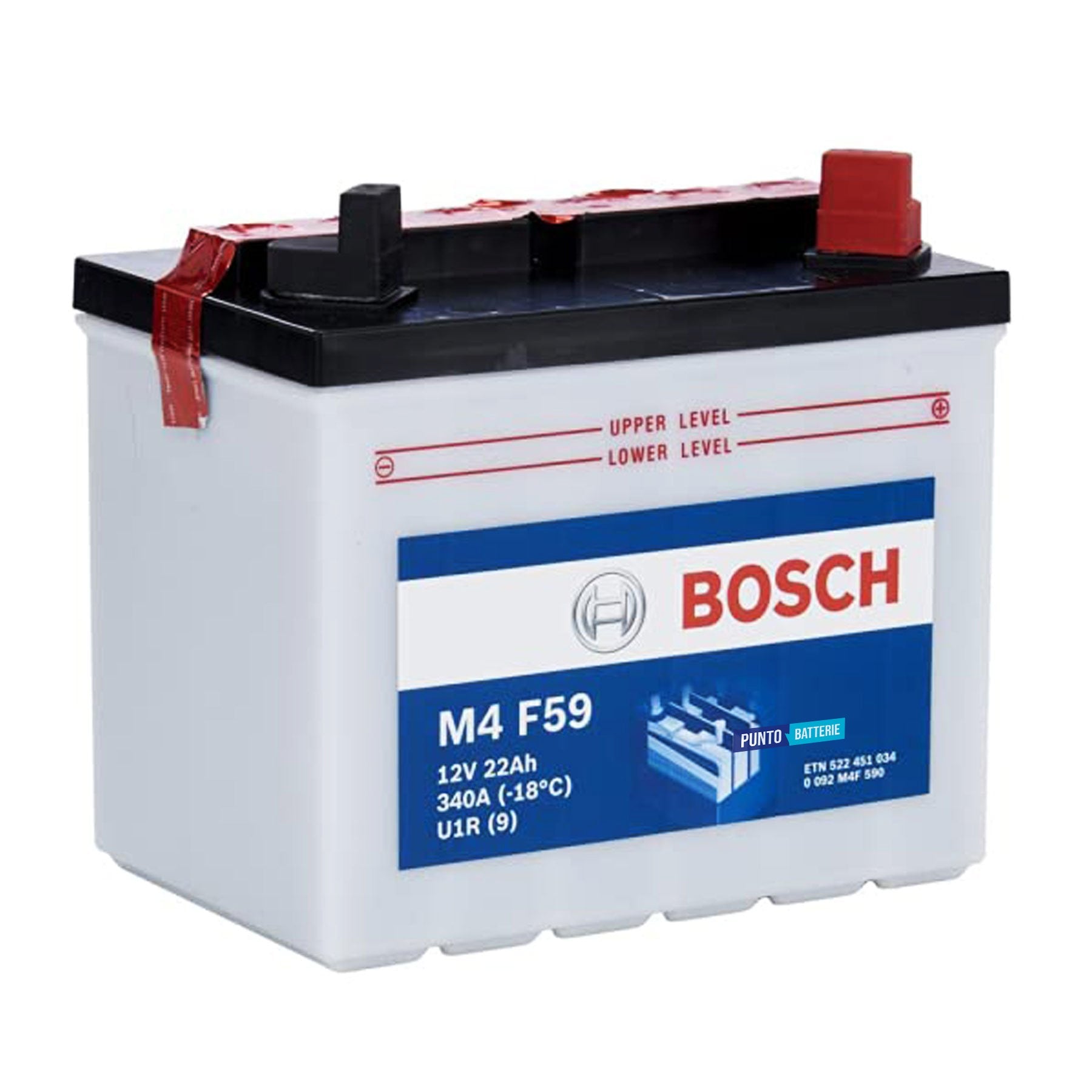 Batteria originale Bosch M4 M4F59, dimensioni 195 x 130 x 180, polo positivo a destra, 12 volt, 22 amperora, 340 ampere. Batteria per trattorino tagliaerba e rasaerba.
