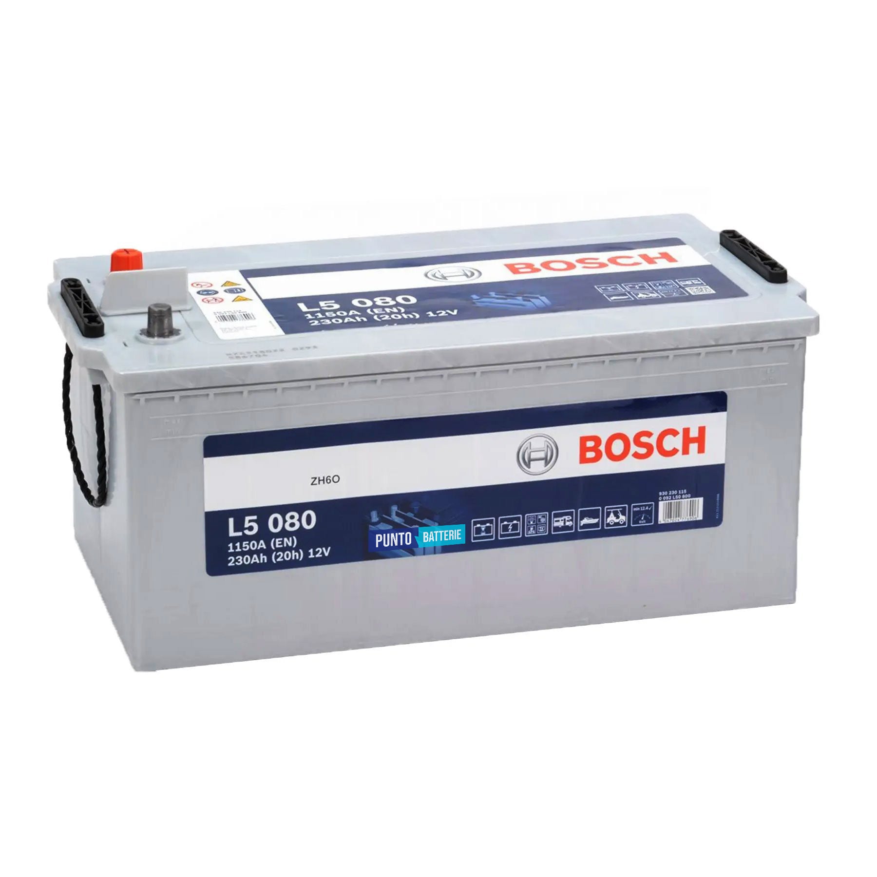 Batteria originale Bosch L5 L5 080, dimensioni 518 x 276 x 242, 12 volt, 230 amperora. Batteria per servizi di camper, barca e applicazioni a scarica lenta.