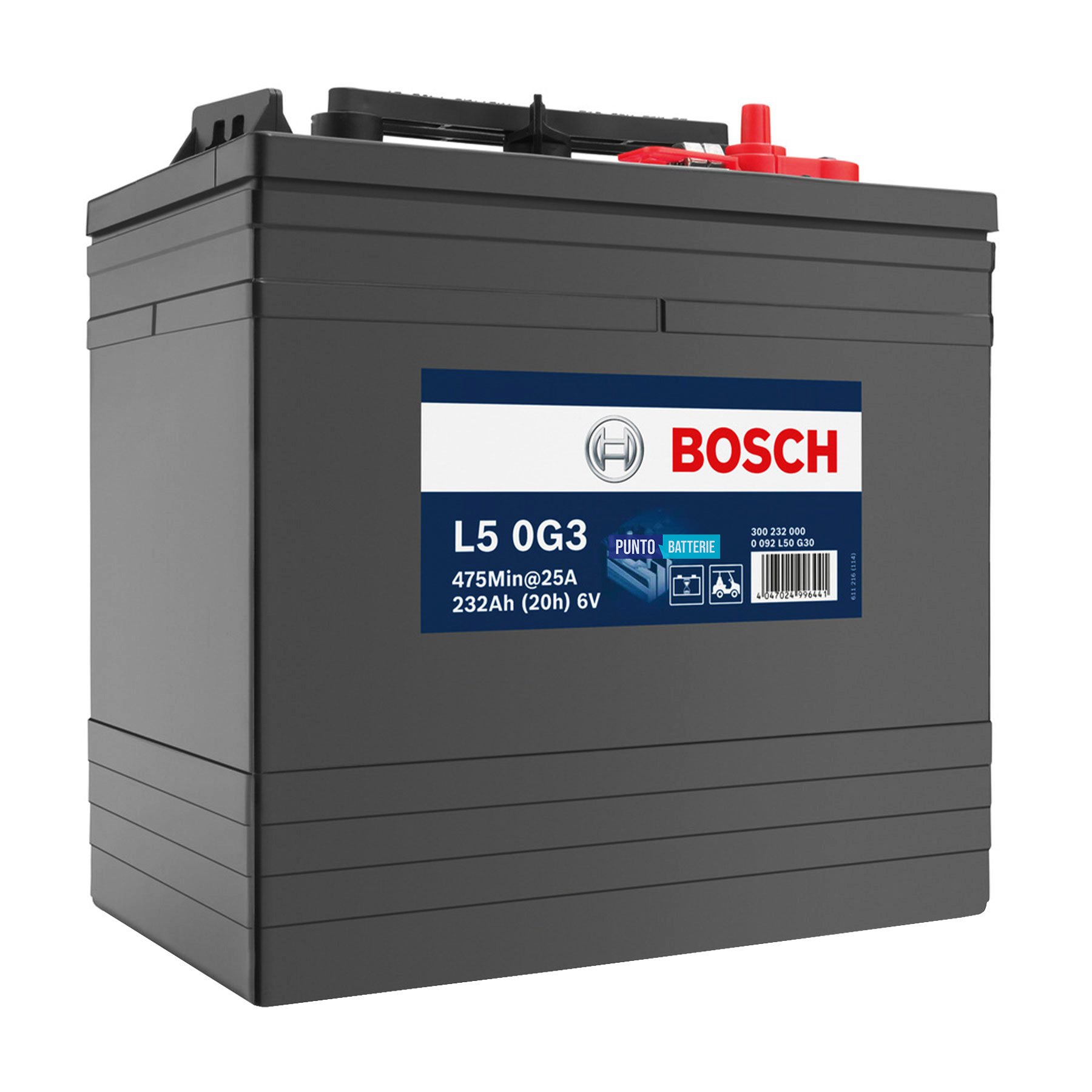 Batteria originale Bosch L5G L5 0G3, dimensioni 261 x 181 x 283, 6 volt, 232 amperora. Batteria per servizi di camper, barca e applicazioni a scarica lenta.