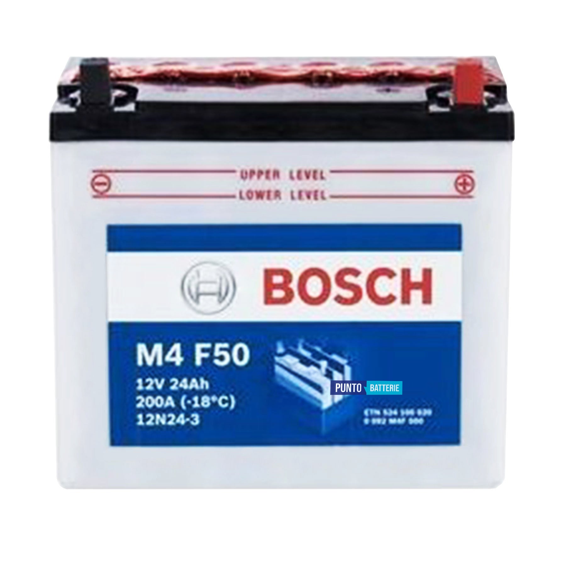 Batteria originale Bosch M4 M4F50, dimensioni 184 x 124 x 175, polo positivo a destra, 12 volt, 24 amperora, 200 ampere. Batteria per moto, scooter e powersport.