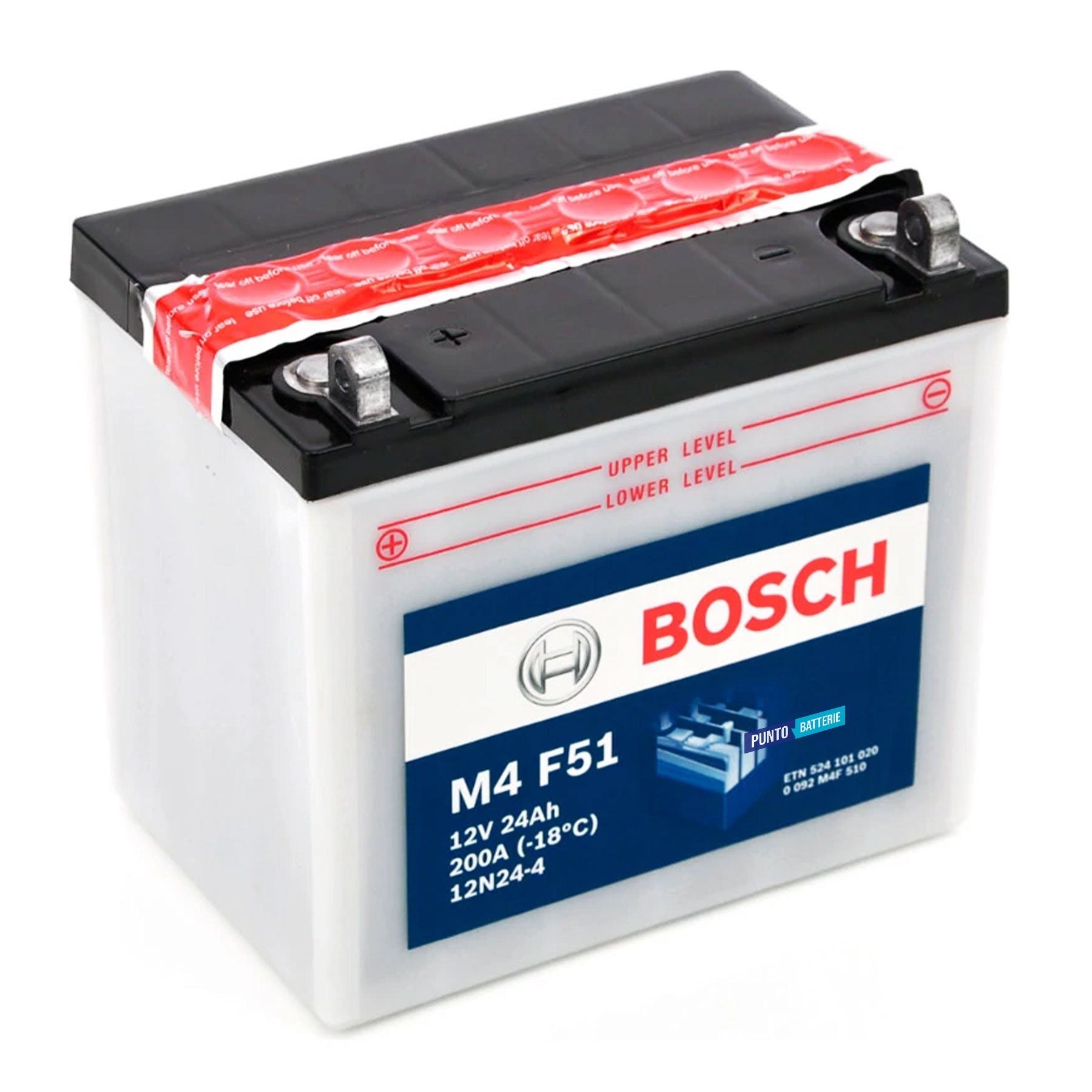 Batteria originale Bosch M4 M4F51, dimensioni 184 x 124 x 175, polo positivo a sinistra, 12 volt, 24 amperora, 200 ampere. Batteria per moto, scooter e powersport.