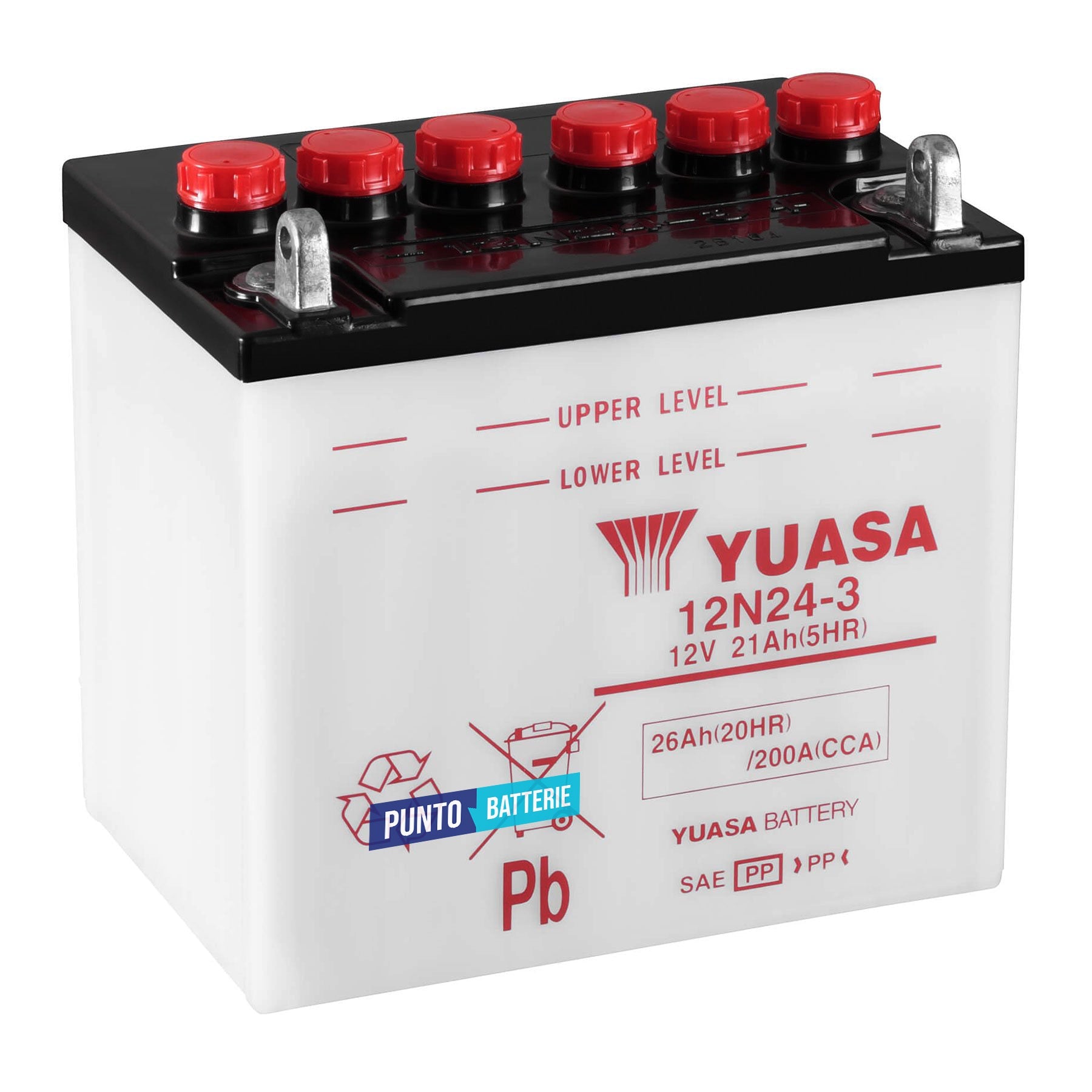 Batteria originale Yuasa Conventional 12N24-3, dimensioni 184 x 124 x 175, polo positivo a destra, 12 volt, 24 amperora, 200 ampere. Batteria per moto, scooter e powersport.