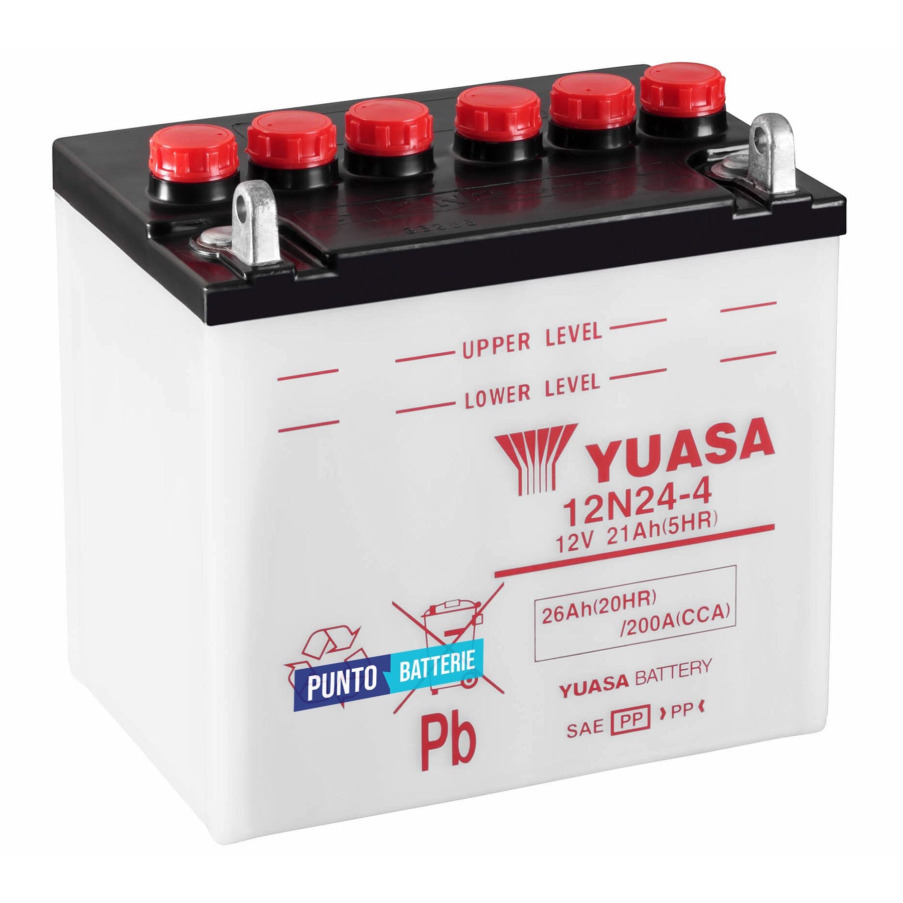 Batteria originale Yuasa Conventional 12N24-4, dimensioni 184 x 124 x 179, polo positivo a sinistra, 12 volt, 24 amperora, 190 ampere. Batteria per moto, scooter e powersport.