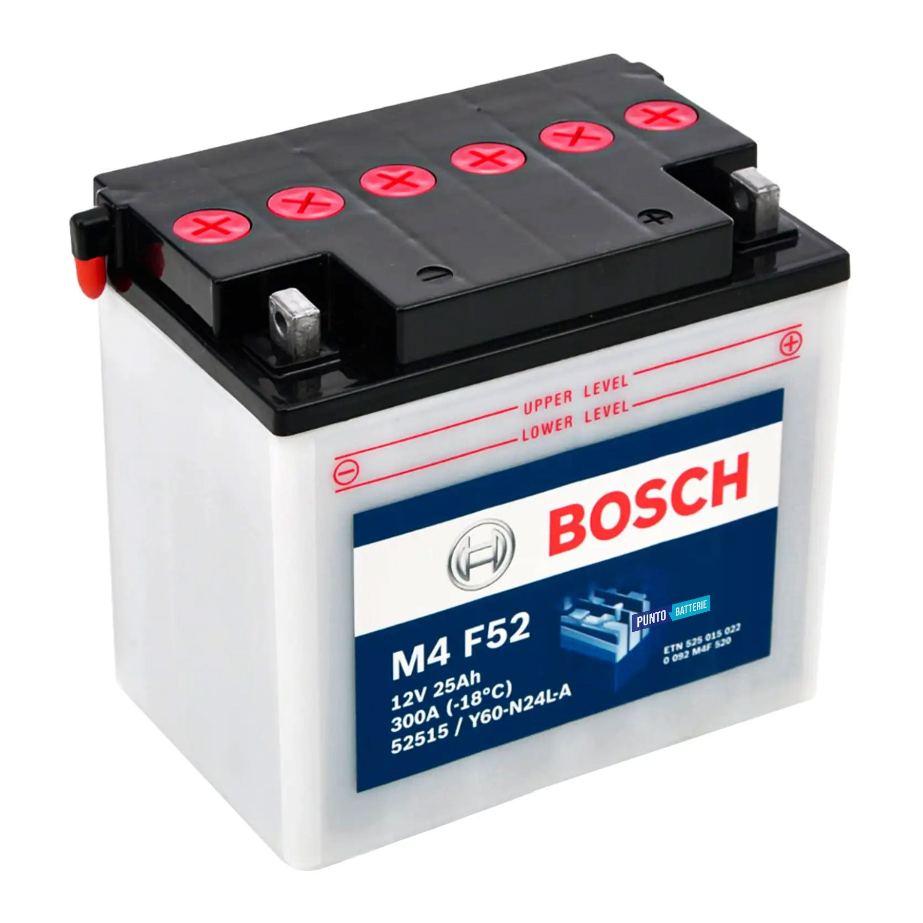Batteria originale Bosch M4 M4F52, dimensioni 184 x 124 x 170, polo positivo a destra, 12 volt, 25 amperora, 300 ampere. Batteria per moto, scooter e powersport.