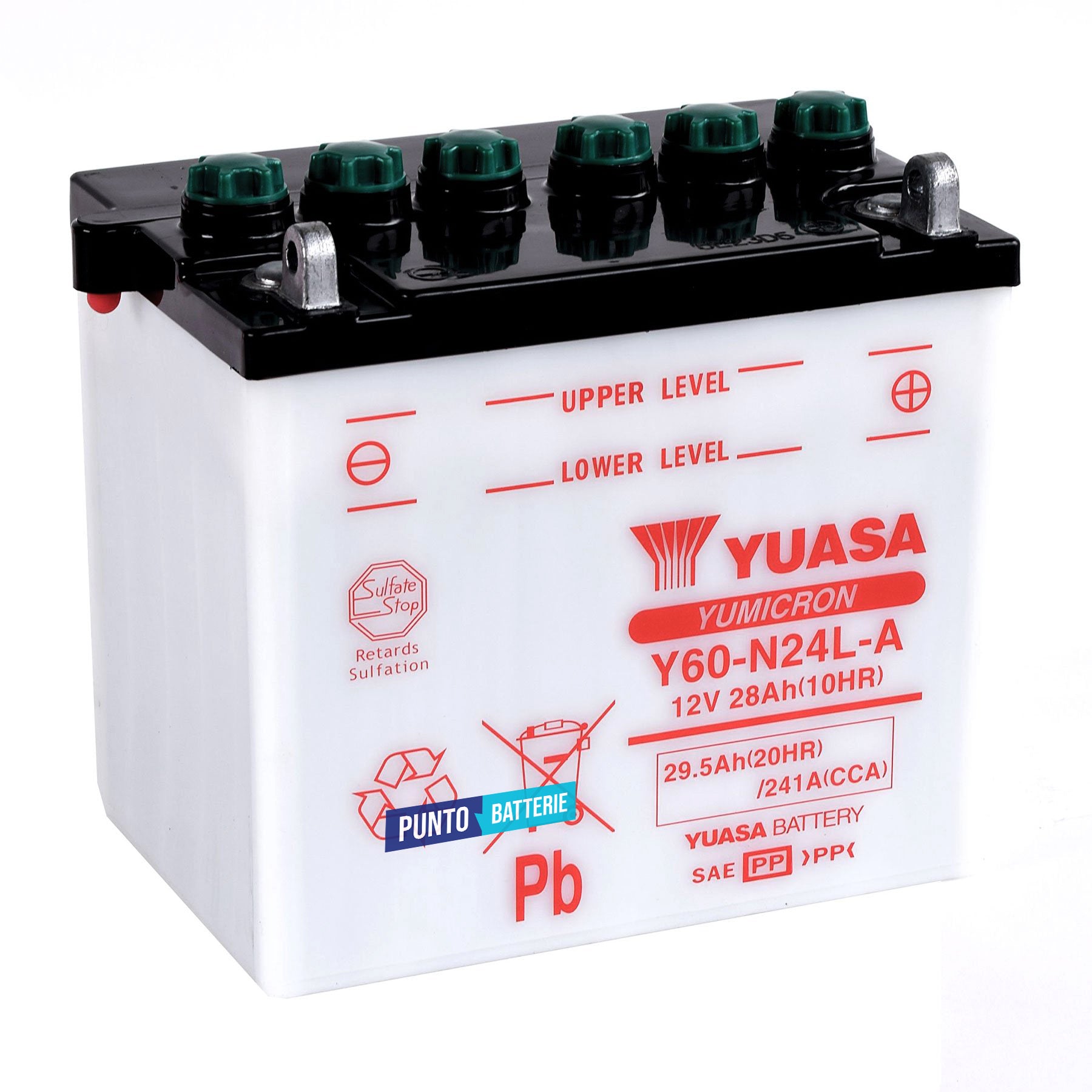 Batteria originale Yuasa YuMicron Y60-N24L-A, dimensioni 184 x 124 x 175, polo positivo a destra, 12 volt, 28 amperora, 241 ampere. Batteria per moto, scooter e powersport.
