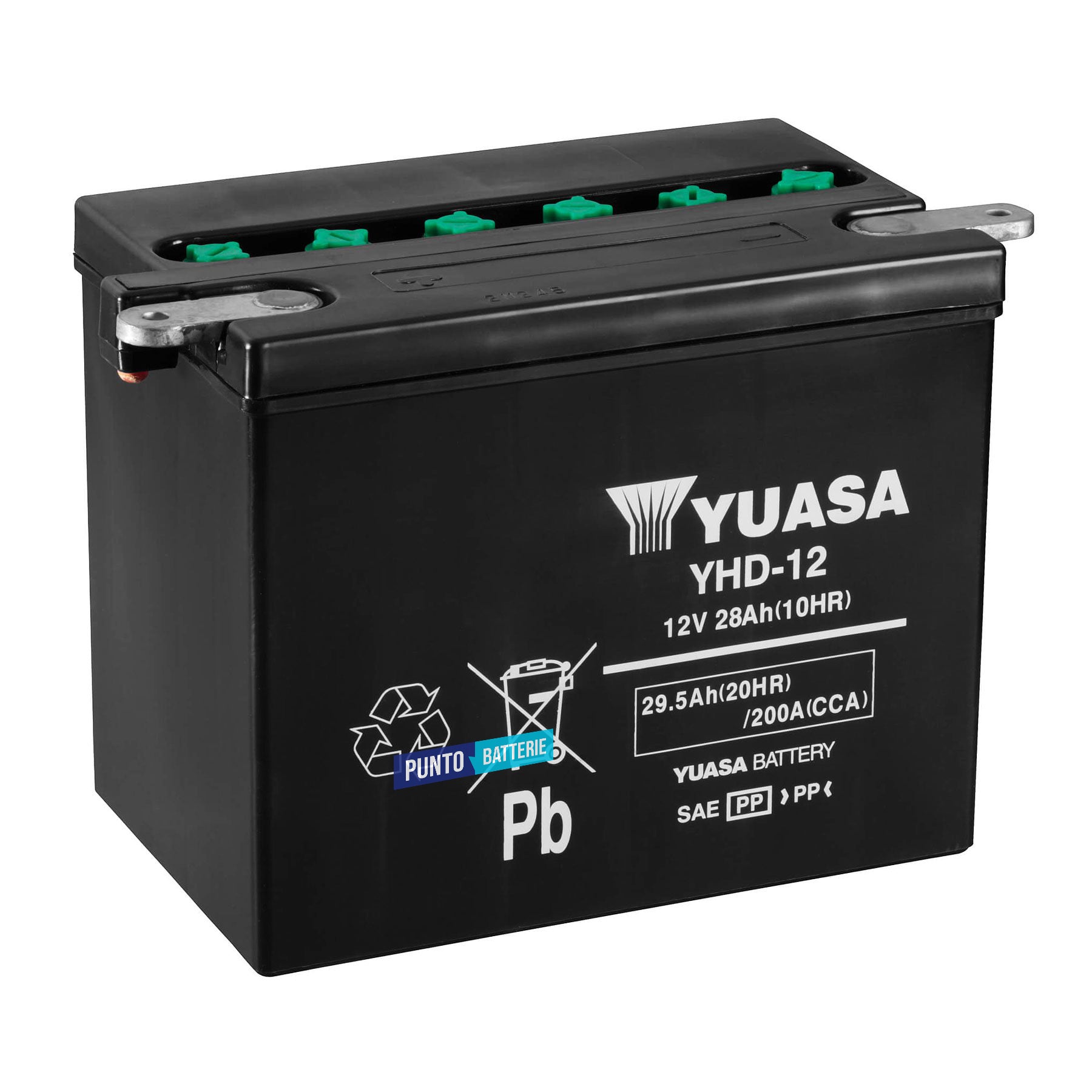 Batteria originale Yuasa Conventional YHD-12, dimensioni 206 x 133 x 165, polo positivo a sinistra, 12 volt, 29 amperora, 200 ampere. Batteria per moto, scooter e powersport.