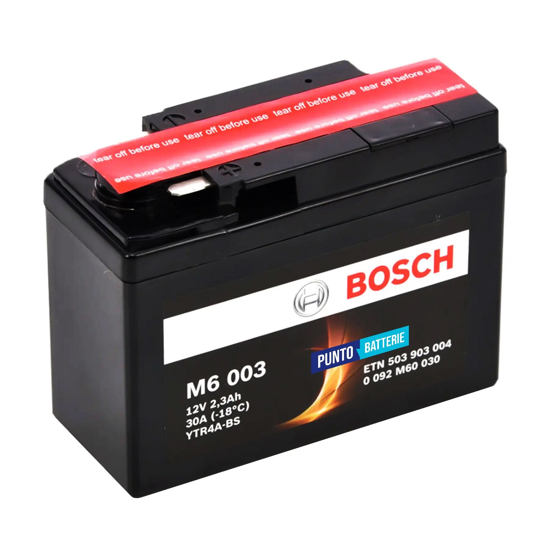 Batteria originale Bosch M6 M6003, dimensioni 113 x 48 x 85, polo positivo a destra, 12 volt, 2 amperora, 30 ampere. Batteria per moto, scooter e powersport.