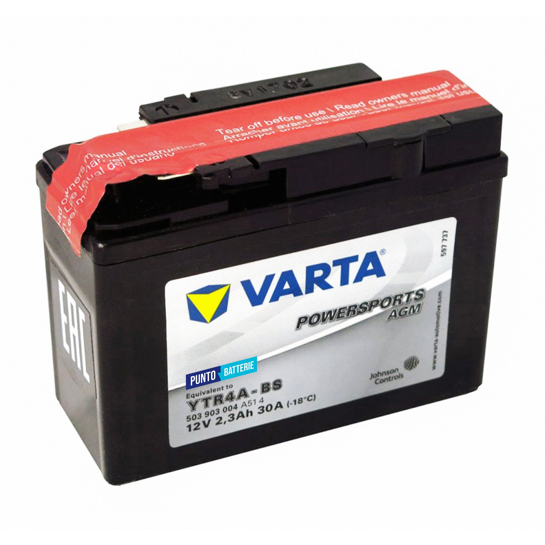Batteria originale Varta Powersport AGM YTR4A-BS, dimensioni 114 x 49 x 86, polo positivo a destra, 12 volt, 2 amperora, 30 ampere. Batteria per moto, scooter e powersport.