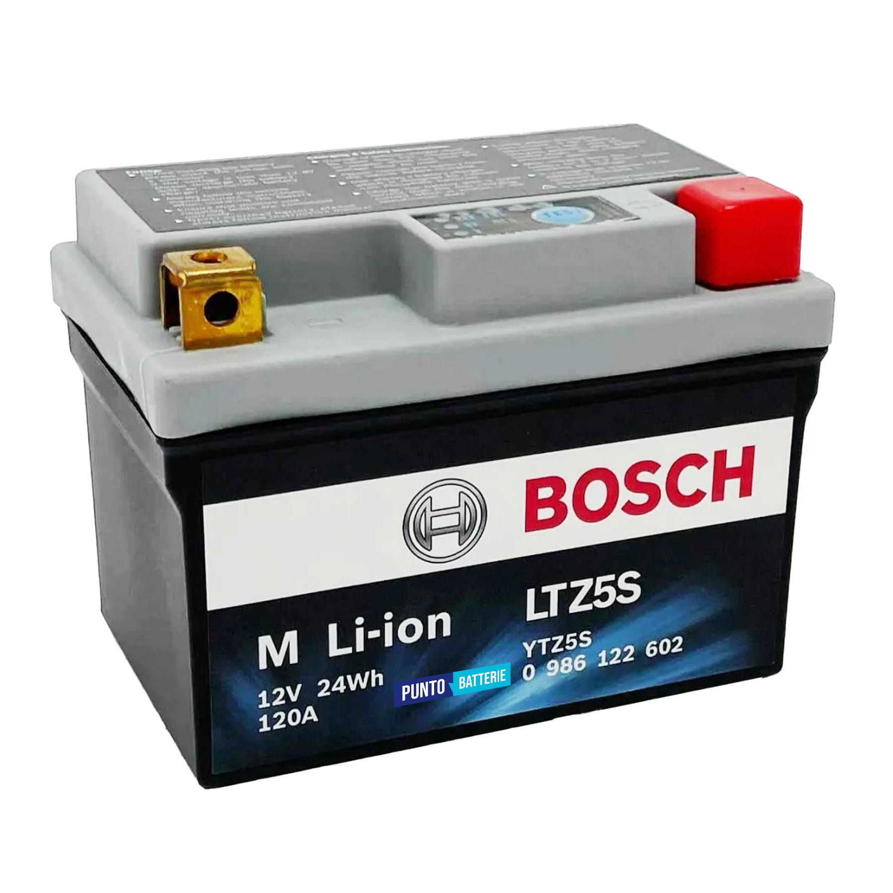 Batteria originale Bosch M Li-ion LTZ5S, dimensioni 150 x 87 x 143, polo positivo a destra, 12 volt, 2 amperora, 120 ampere. Batteria per moto, scooter e powersport.