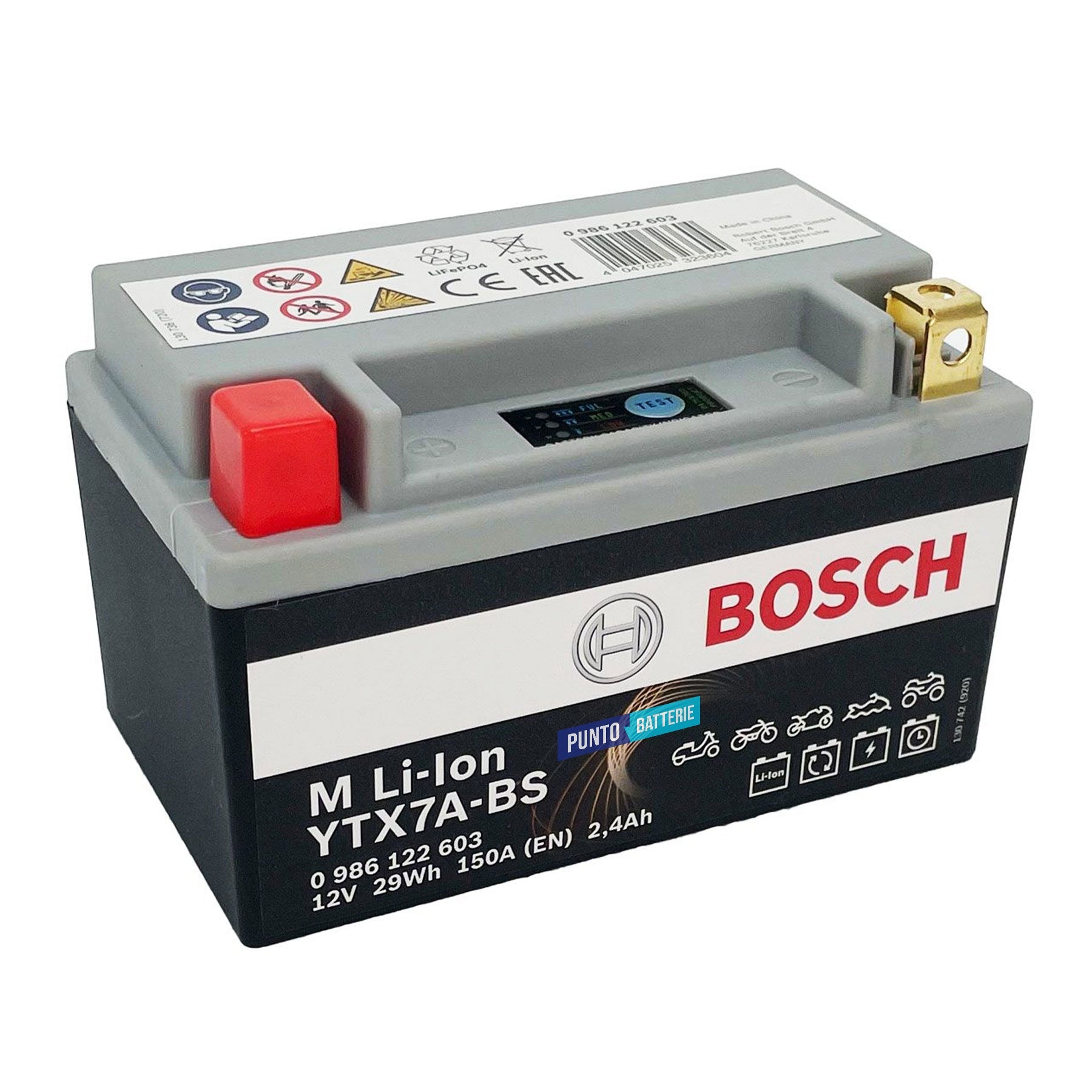 Batteria originale Bosch M Li-ion LTX7A-BS, dimensioni 150 x 87 x 164, polo positivo a sinistra, 12 volt, 2 amperora, 150 ampere. Batteria per moto, scooter e powersport.