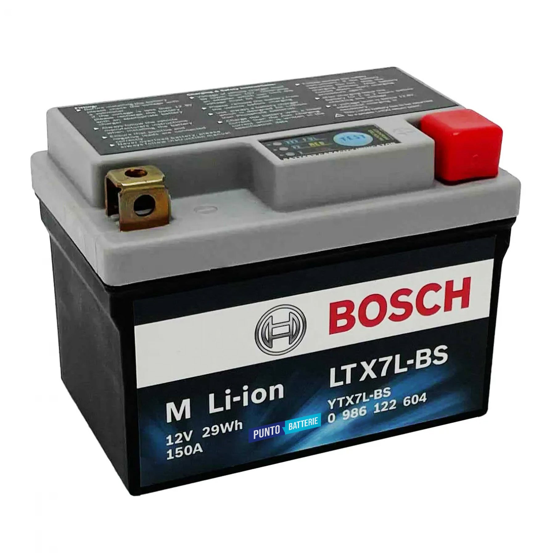 Batteria originale Bosch M Li-ion LTX7L-BS, dimensioni 150 x 87 x 143, polo positivo a destra, 12 volt, 2 amperora, 150 ampere. Batteria per moto, scooter e powersport.