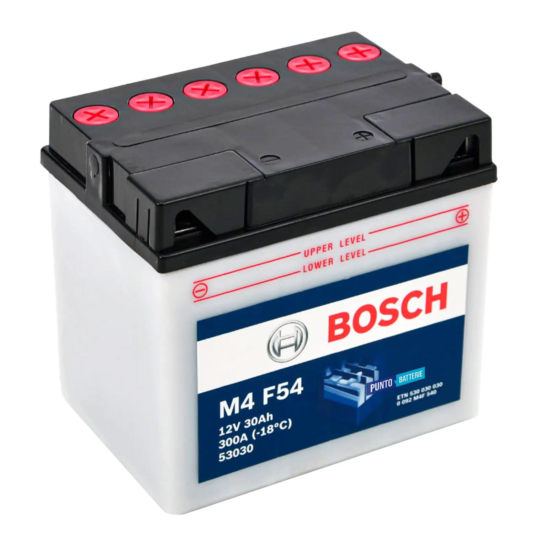 Batteria originale Bosch M4 M4F54, dimensioni 184 x 130 x 170, polo positivo a destra, 12 volt, 30 amperora, 300 ampere. Batteria per moto, scooter e powersport.
