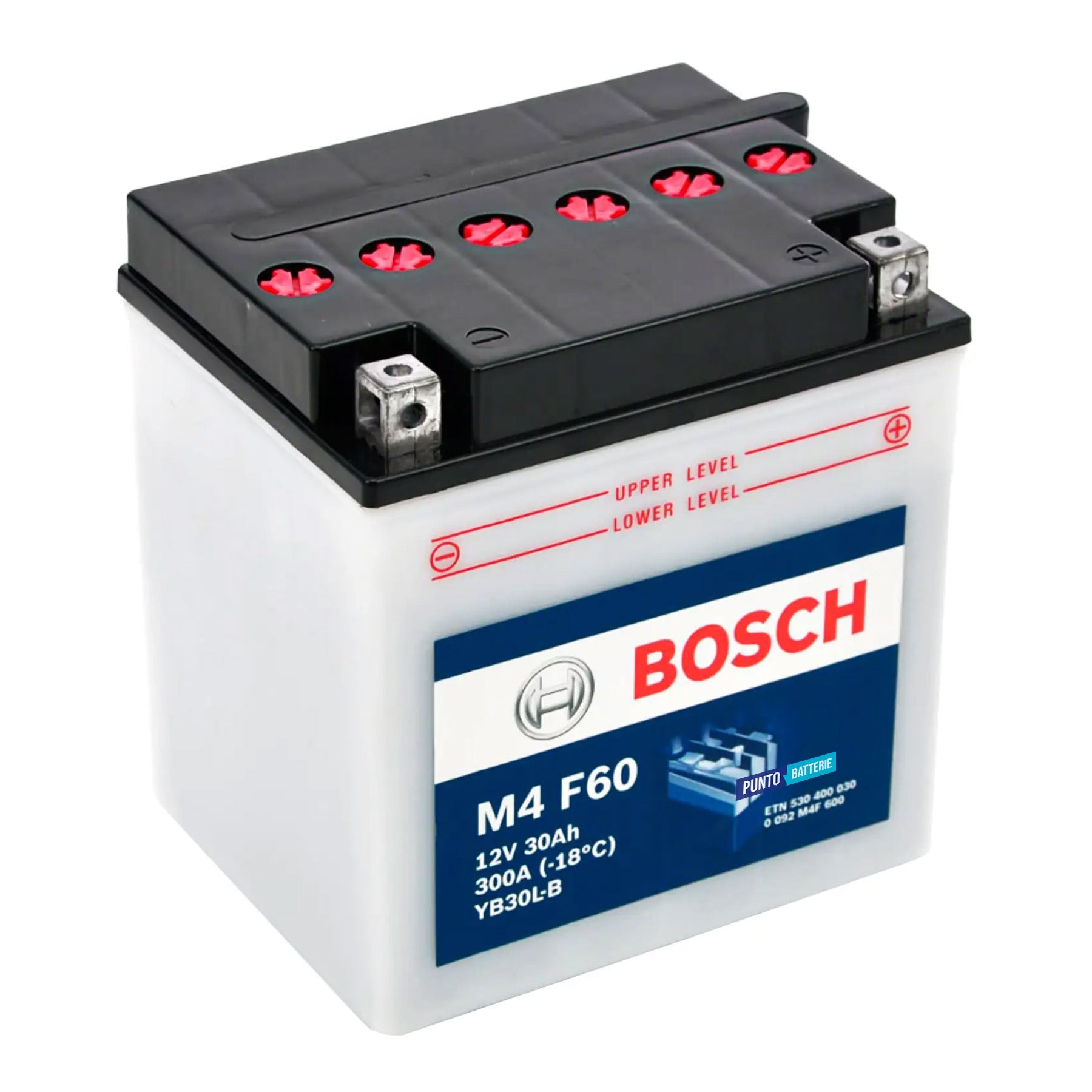 Batteria originale Bosch M4 M4F60, dimensioni 165 x 130 x 176, polo positivo a destra, 12 volt, 30 amperora, 300 ampere. Batteria per moto, scooter e powersport.