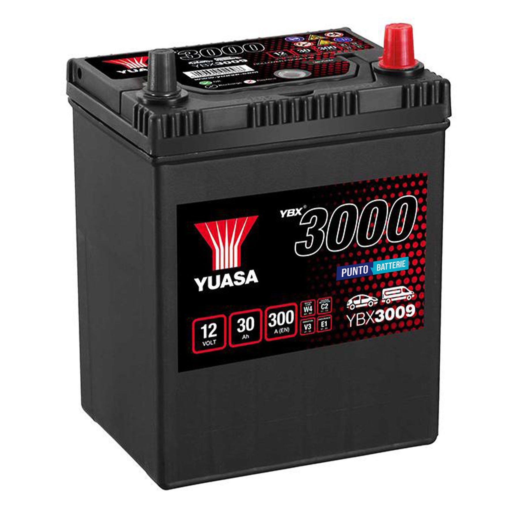Batteria originale Yuasa YBX3000 YBX3009, dimensioni 167 x 129 x 224, polo positivo a destra, 12 volt, 30 amperora, 300 ampere. Batteria per auto e veicoli leggeri.