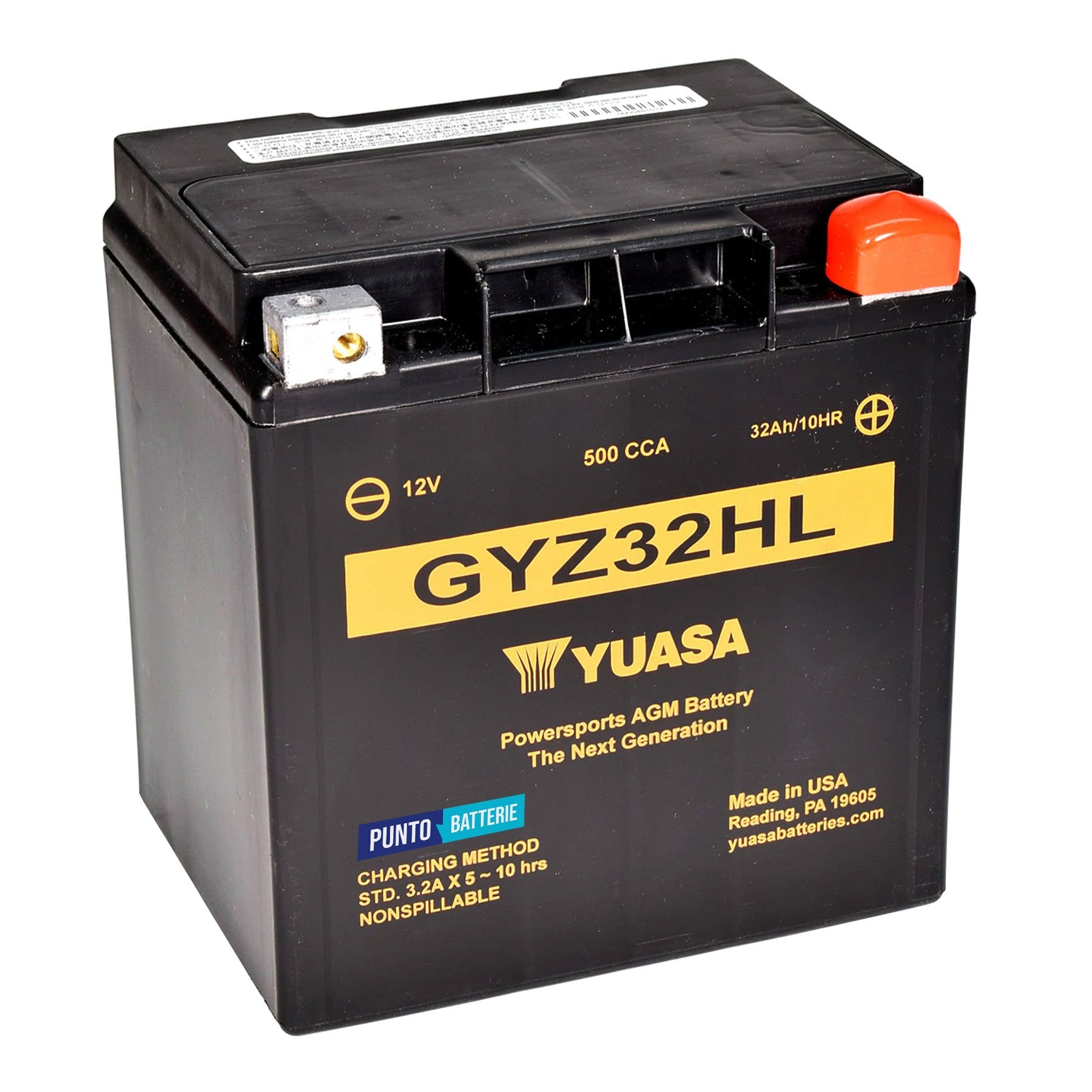 Batteria originale Yuasa GYZ GYZ32HL, dimensioni 166 x 126 x 175, polo positivo a destra, 12 volt, 32 amperora, 500 ampere. Batteria per moto, scooter e powersport.