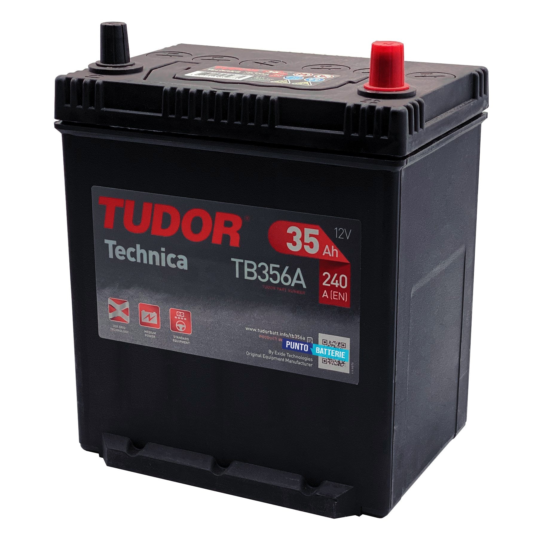 Batteria originale Tudor Technica TB356A, dimensioni 187 x 127 x 220, polo positivo a destra, 12 volt, 35 amperora, 240 ampere. Batteria per auto e veicoli leggeri.