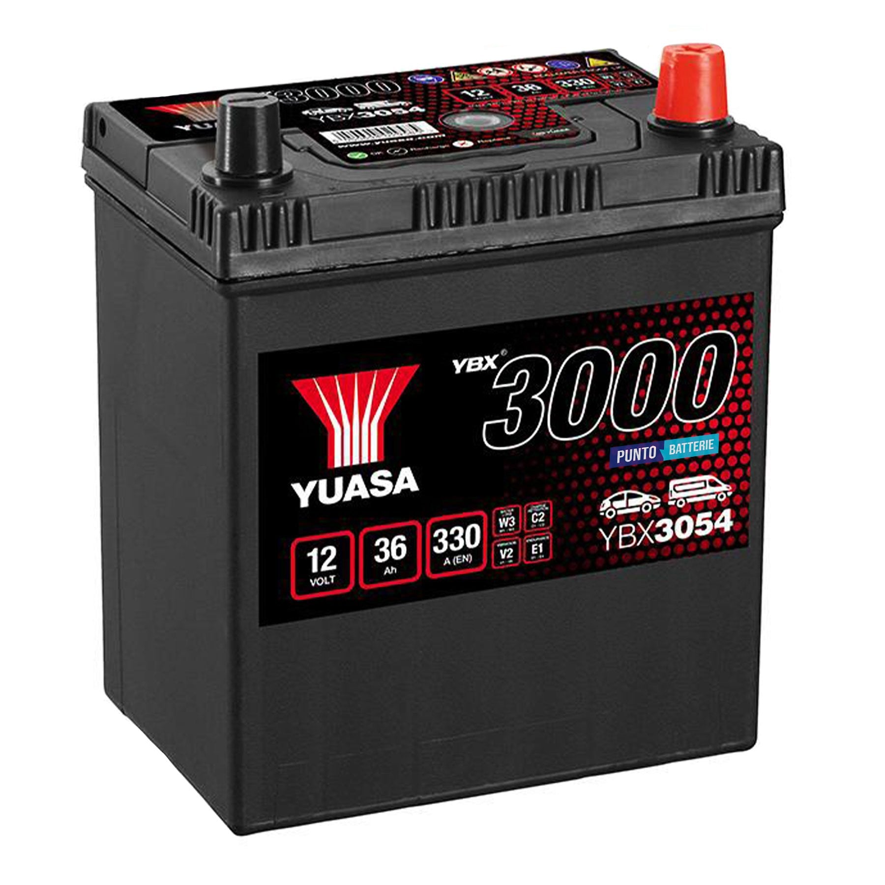 Batteria originale Yuasa YBX3000 YBX3054, dimensioni 187 x 127 x 227, polo positivo a destra, 12 volt, 36 amperora, 330 ampere. Batteria per auto e veicoli leggeri.