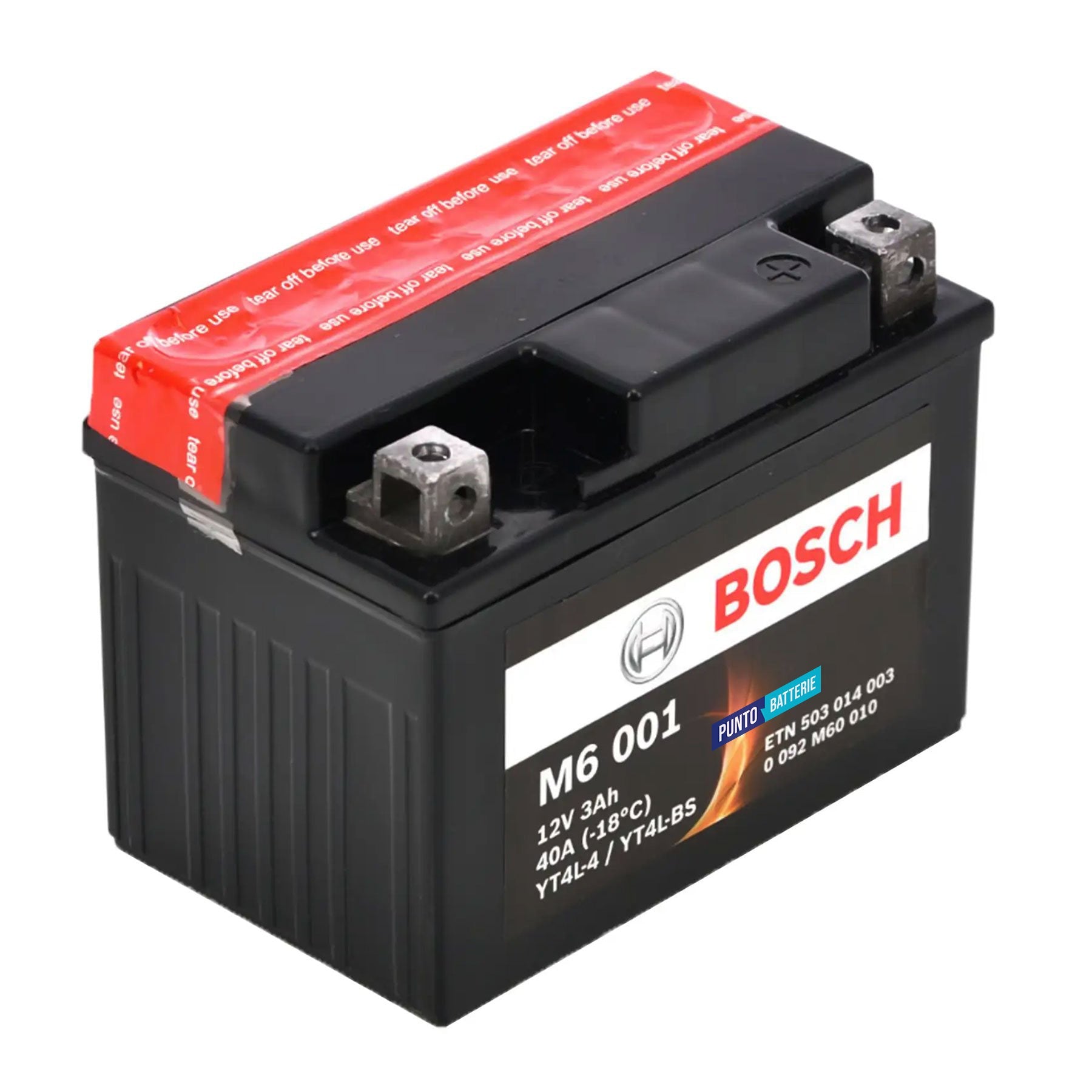 Batteria originale Bosch M6 M6001, dimensioni 165 x 130 x 176, polo positivo a destra, 12 volt, 3 amperora, 40 ampere. Batteria per moto, scooter e powersport.