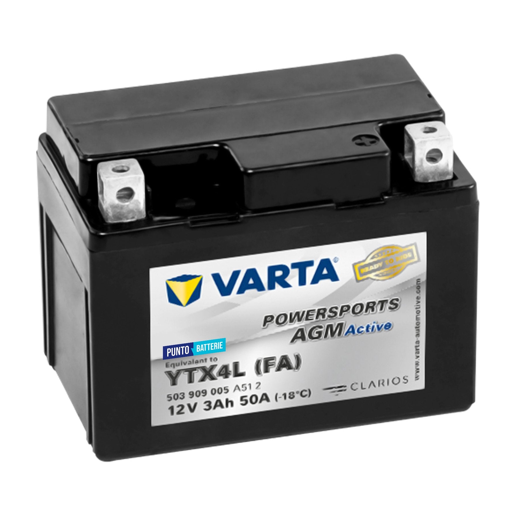 Batteria originale Varta Powersport AGM Active YTX4L-FA, dimensioni 166 x 127 x 175, polo positivo a destra, 12 volt, 3 amperora, 50 ampere. Batteria per moto, scooter e powersport.