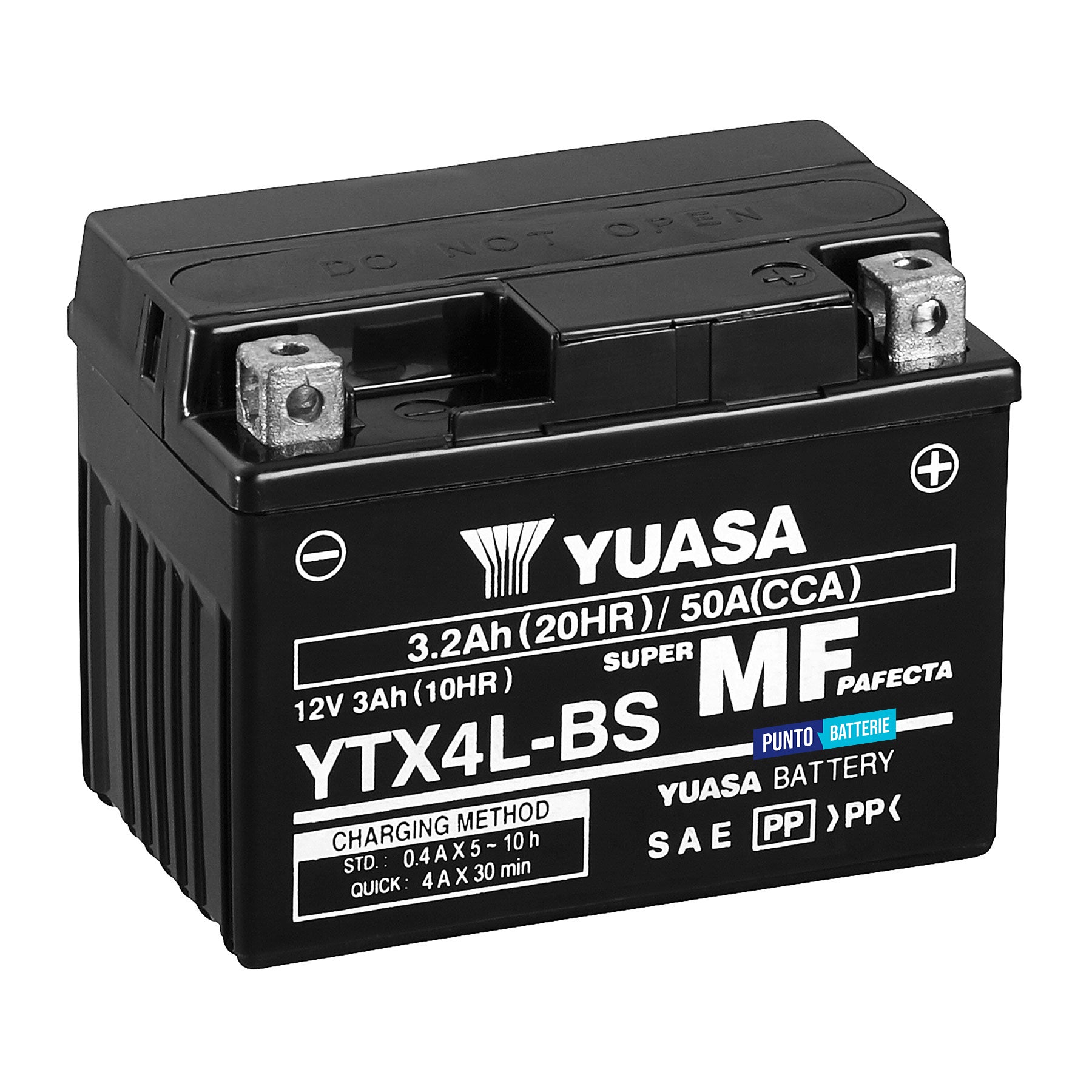 Batteria originale Yuasa YTX YTX4L-BS, dimensioni 114 x 71 x 86, polo positivo a destra, 12 volt, 3 amperora, 50 ampere. Batteria per moto, scooter e powersport.