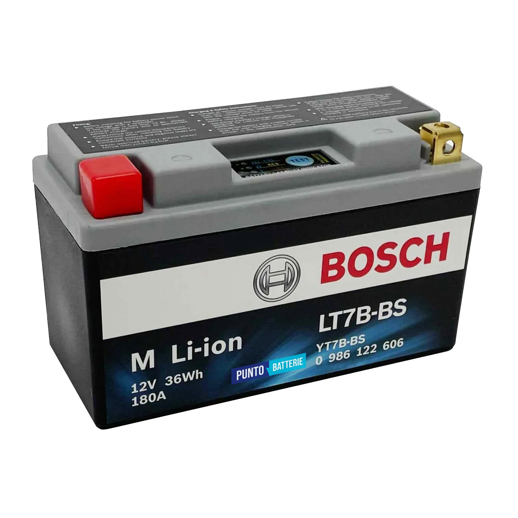 Batteria originale Bosch M Li-ion LT7B-BS, dimensioni 150 x 65 x 130, polo positivo a sinistra, 12 volt, 3 amperora, 180 ampere. Batteria per moto, scooter e powersport.