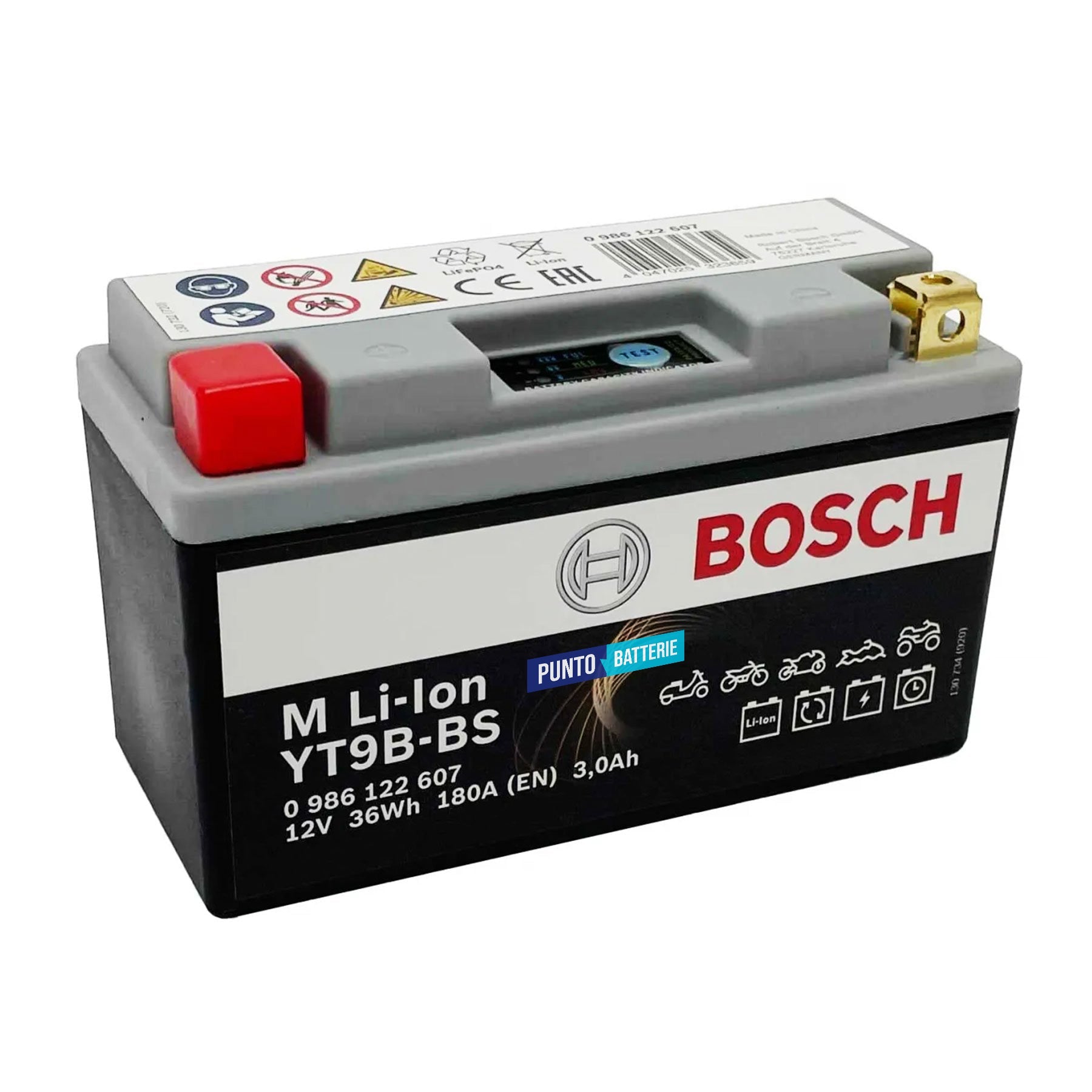 Batteria originale Bosch M Li-ion LT9B-BS, dimensioni 150 x 65 x 130, polo positivo a sinistra, 12 volt, 3 amperora, 180 ampere. Batteria per moto, scooter e powersport.