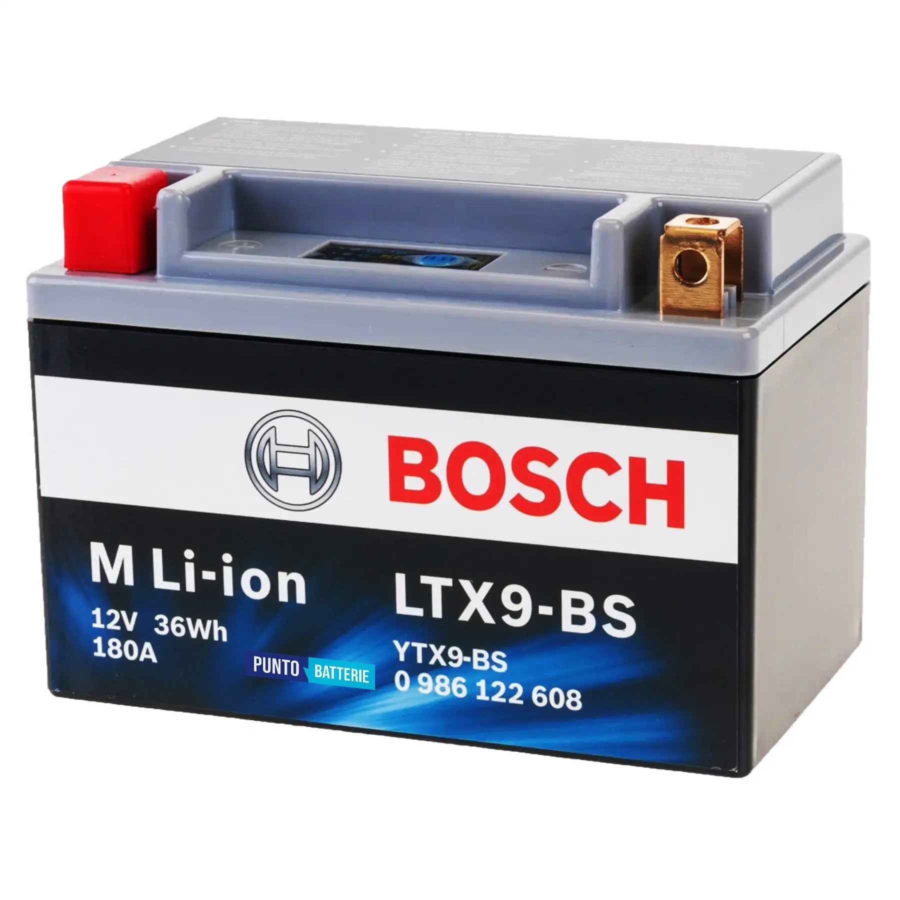 Batteria originale Bosch M Li-ion LTX9-BS, dimensioni 150 x 87 x 164, polo positivo a sinistra, 12 volt, 3 amperora, 180 ampere. Batteria per moto, scooter e powersport.