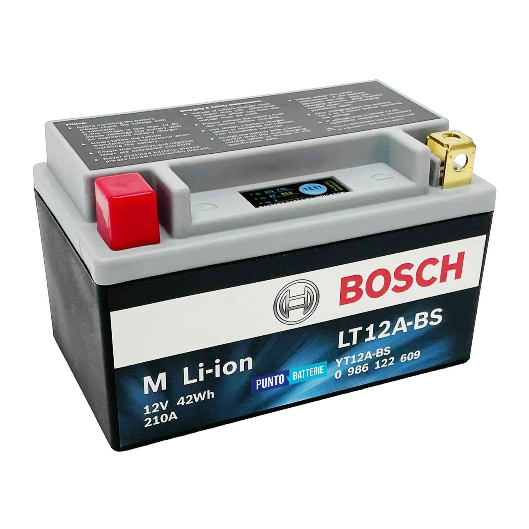Batteria originale Bosch M Li-ion LT12A-BS, dimensioni 150 x 87 x 107, polo positivo a sinistra, 12 volt, 3 amperora, 210 ampere. Batteria per moto, scooter e powersport.