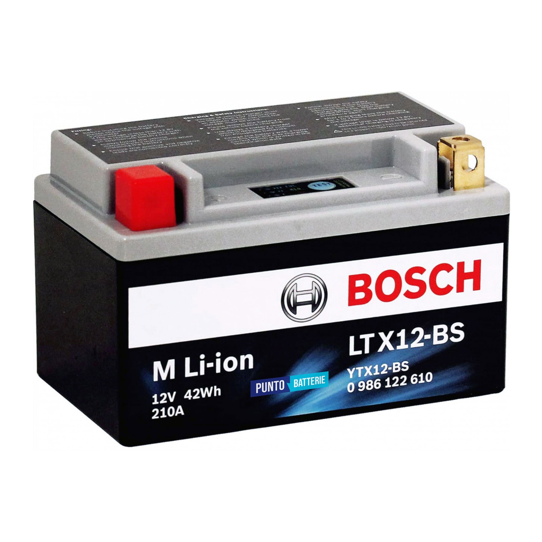 Batteria originale Bosch M Li-ion LTX12-BS, dimensioni 150 x 65 x 130, polo positivo a sinistra, 12 volt, 3 amperora, 210 ampere. Batteria per moto, scooter e powersport.