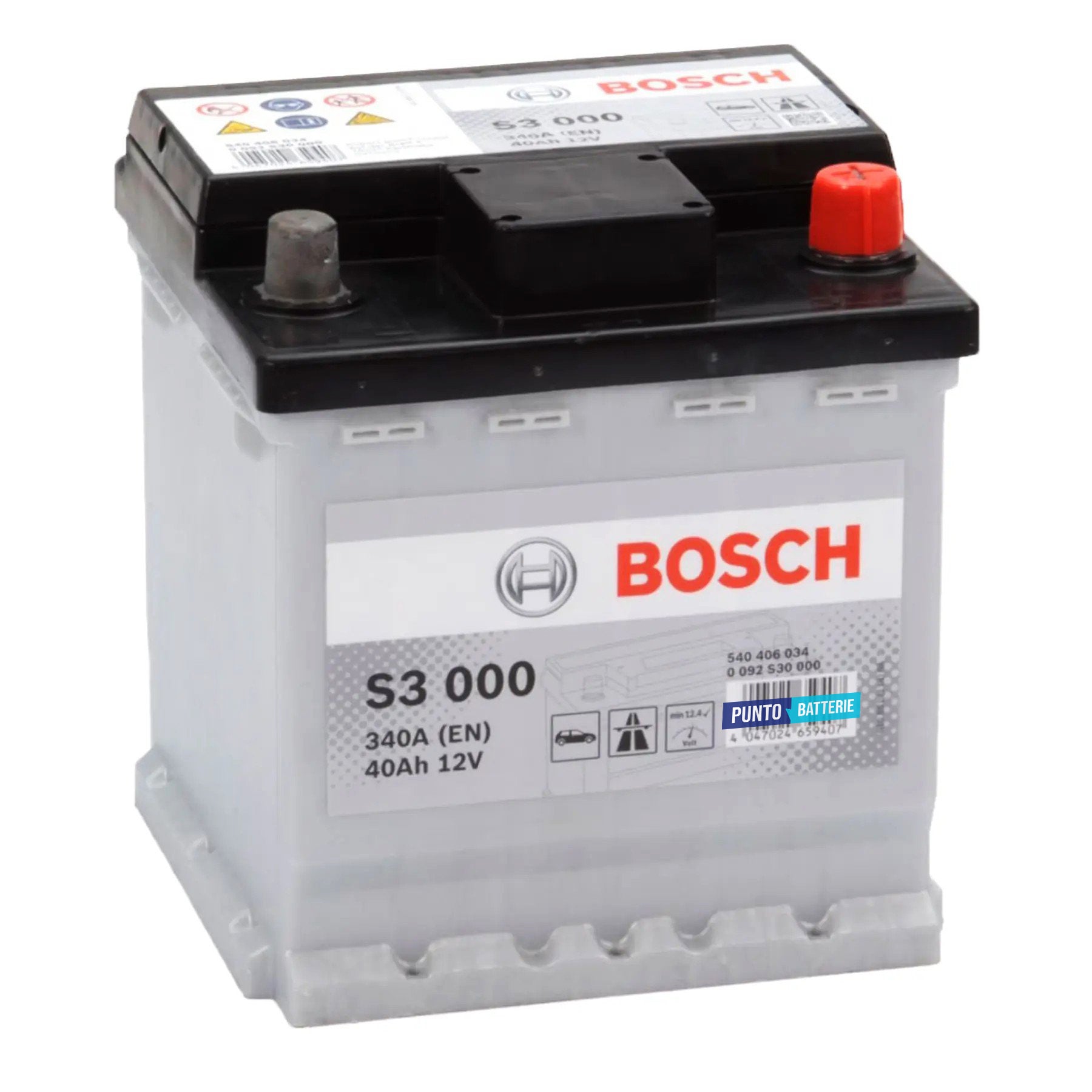 Batteria originale Bosch S3 S3 000, dimensioni 175 x 175 x 190, polo positivo a destra, 12 volt, 40 amperora, 340 ampere. Batteria per auto e veicoli leggeri.