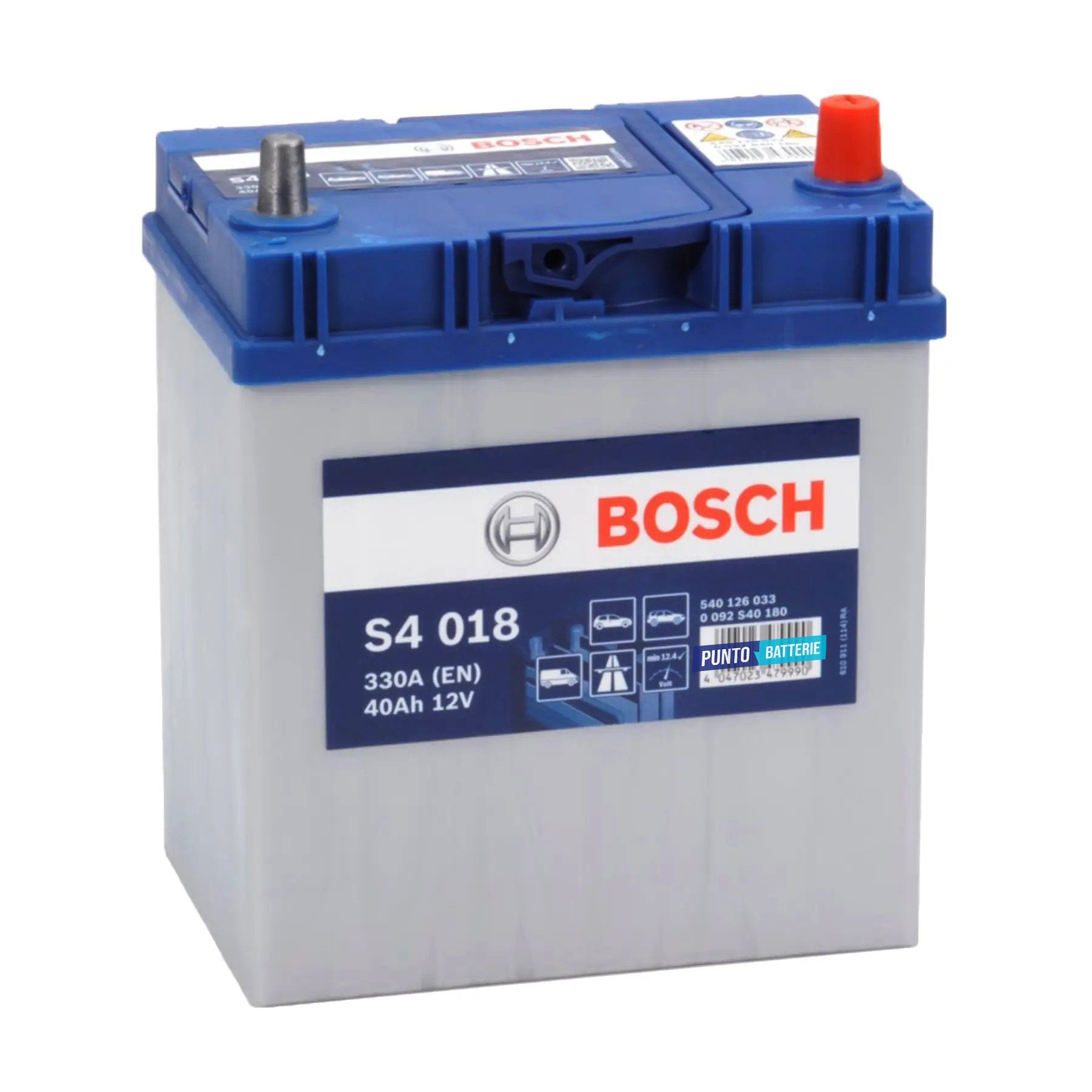 Batteria originale Bosch S4 S4 018, dimensioni 187 x 140 x 227, polo positivo a destra, 12 volt, 40 amperora, 330 ampere. Batteria per auto e veicoli leggeri.