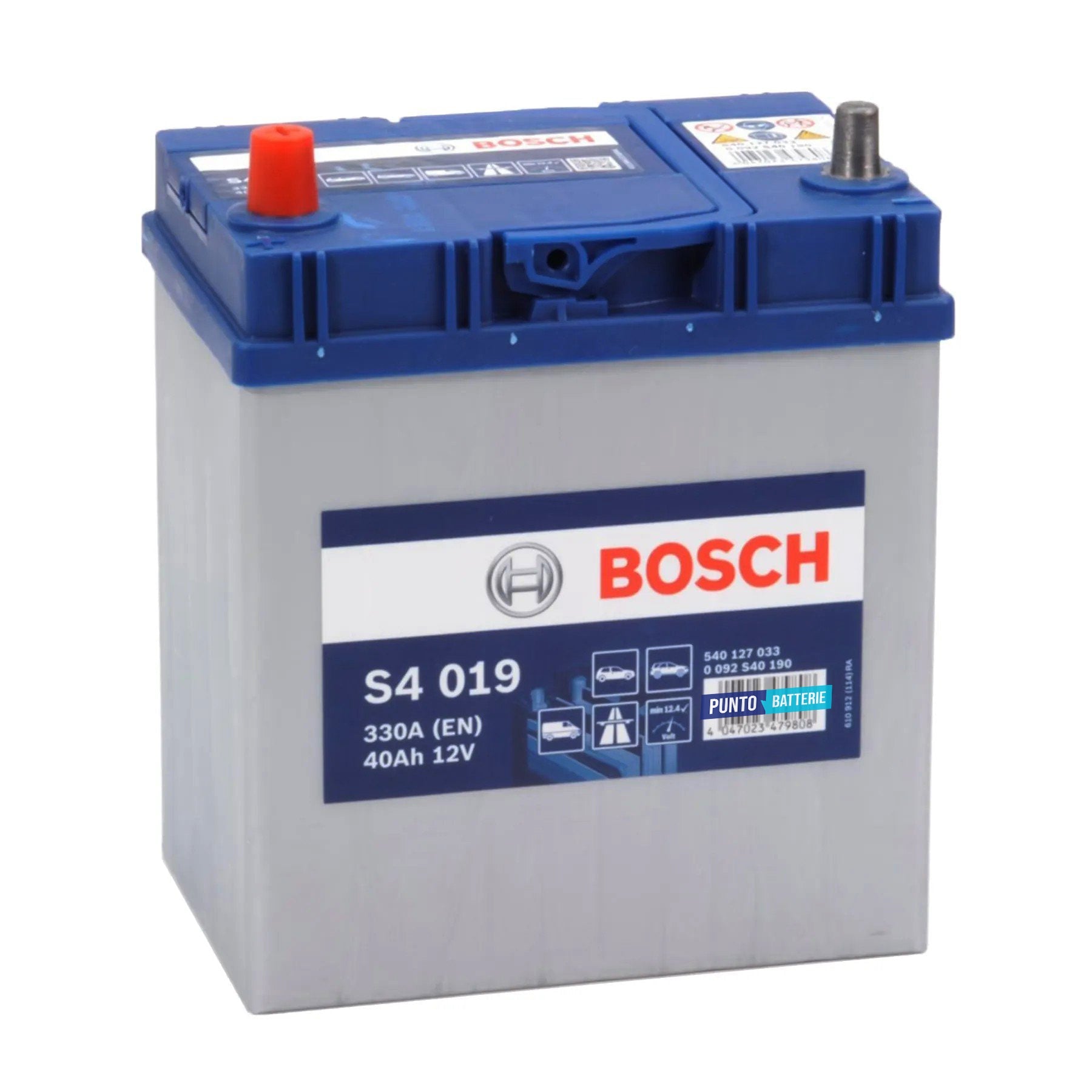 Batteria originale Bosch S4 S4 019, dimensioni 187 x 127 x 227, polo positivo a sinistra, 12 volt, 40 amperora, 330 ampere. Batteria per auto e veicoli leggeri.