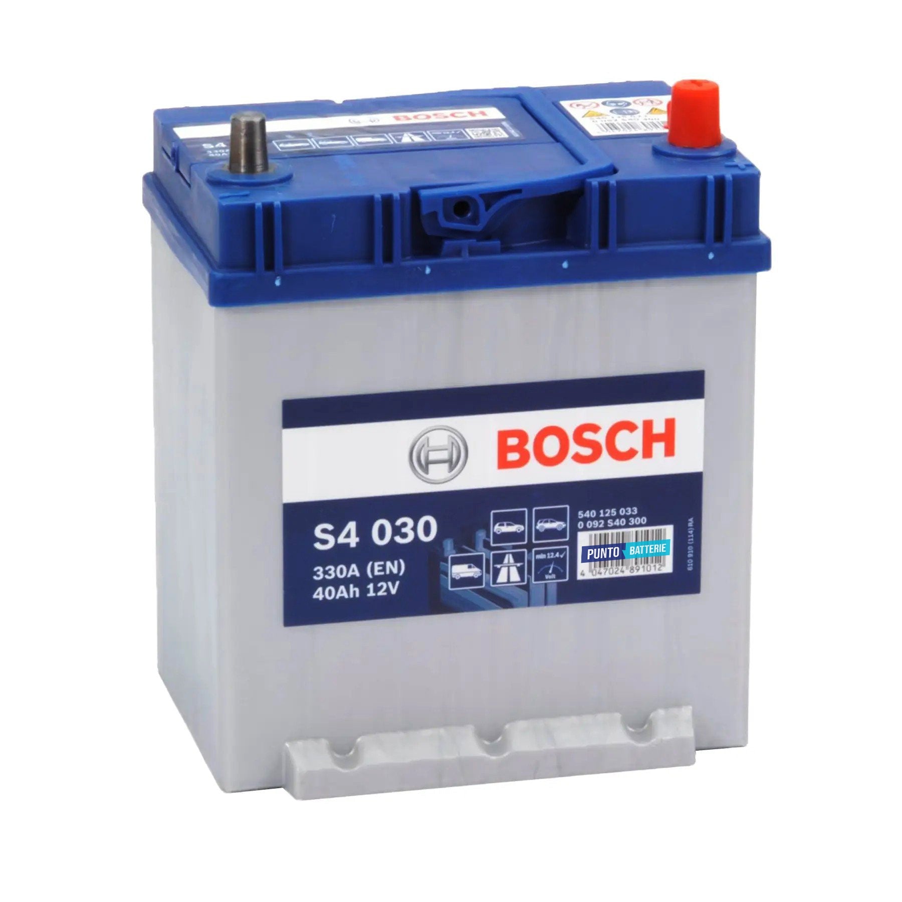 Batteria originale Bosch S4 S4 030, dimensioni 187 x 140 x 227, polo positivo a destra, 12 volt, 40 amperora, 330 ampere. Batteria per auto e veicoli leggeri.