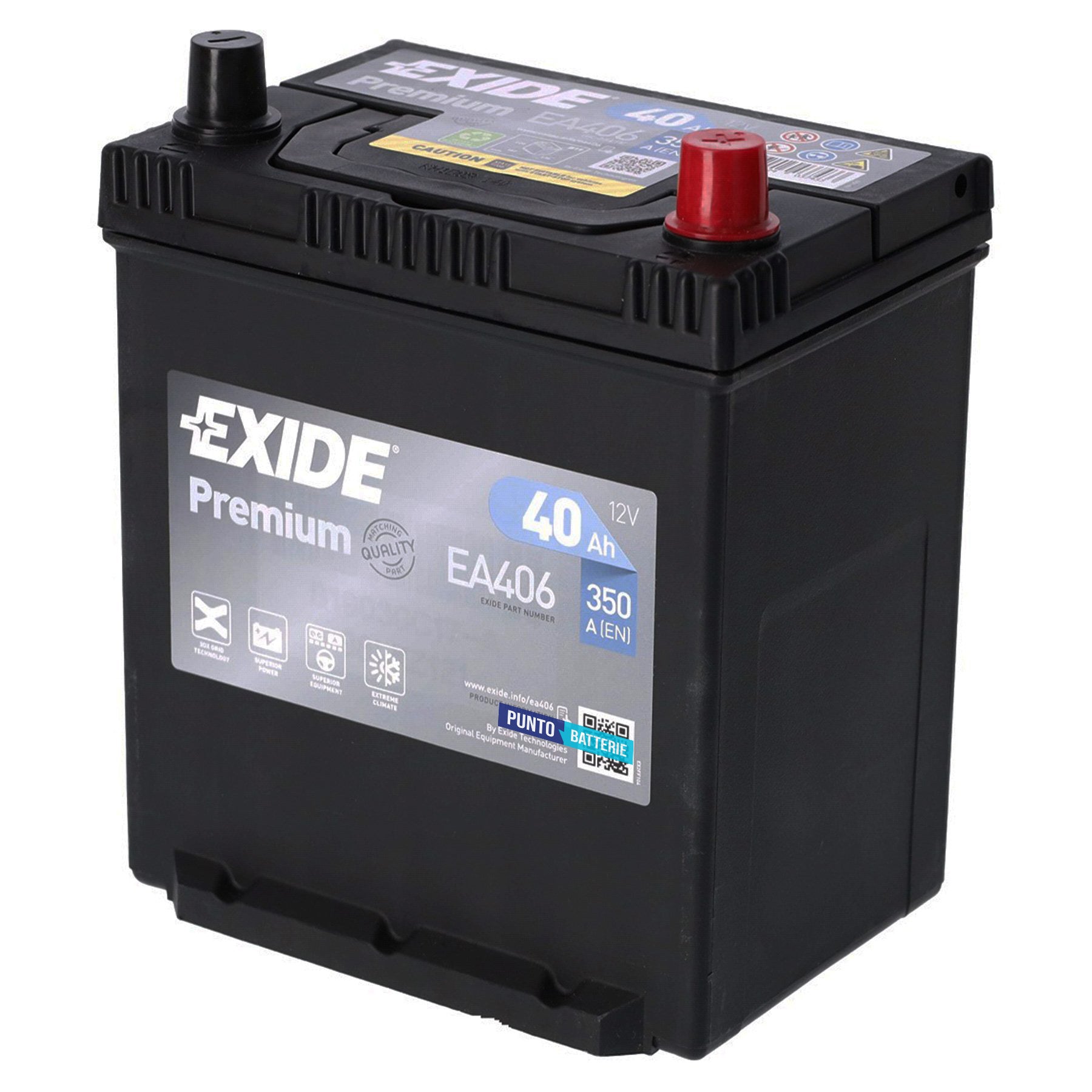 Batteria originale Exide Premium EA406, dimensioni 187 x 127 x 220, polo positivo a destra, 12 volt, 40 amperora, 350 ampere. Batteria per auto e veicoli leggeri.