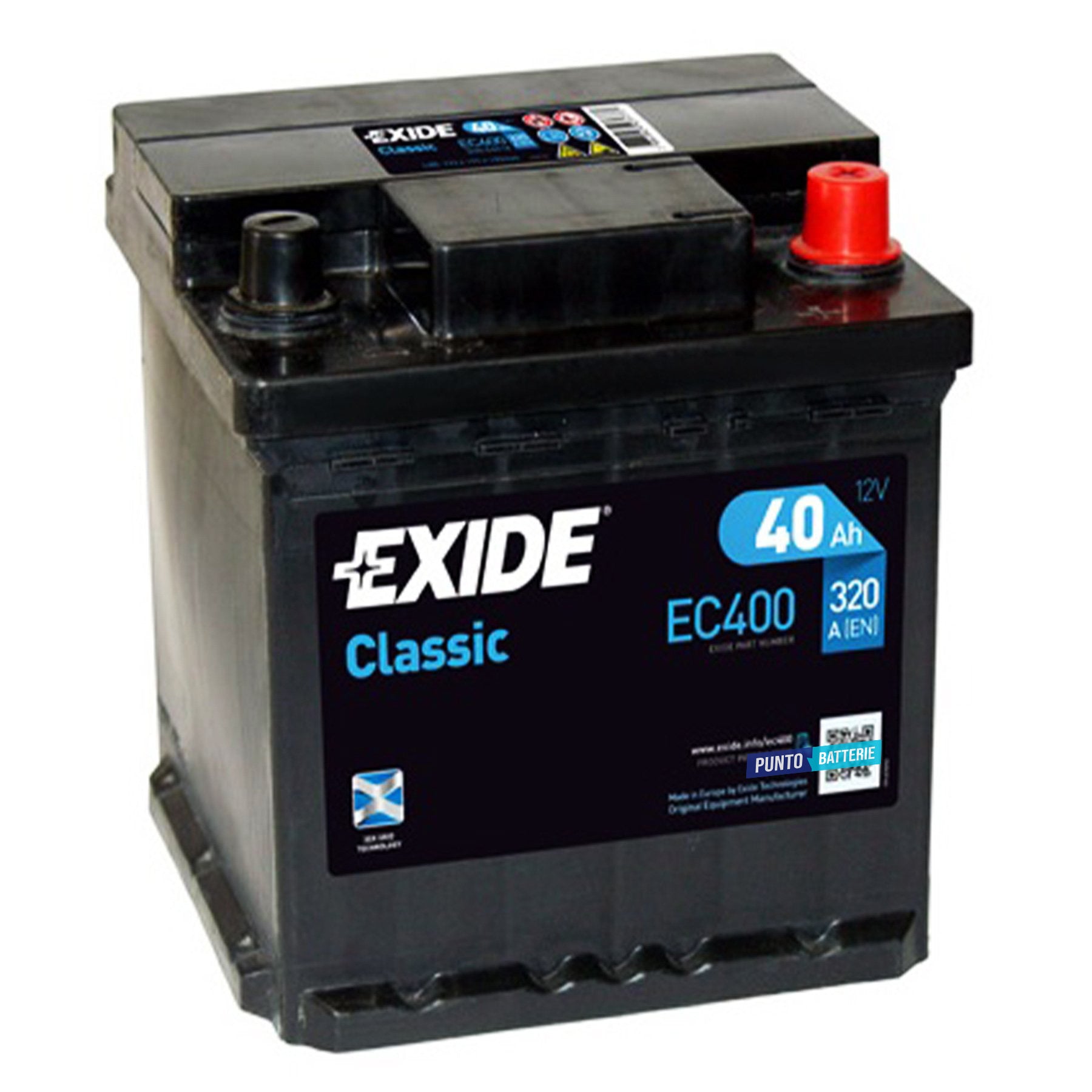 Batteria originale Exide Classic EC400, dimensioni 175 x 175 x 190, polo positivo a destra, 12 volt, 40 amperora, 320 ampere. Batteria per auto e veicoli leggeri.