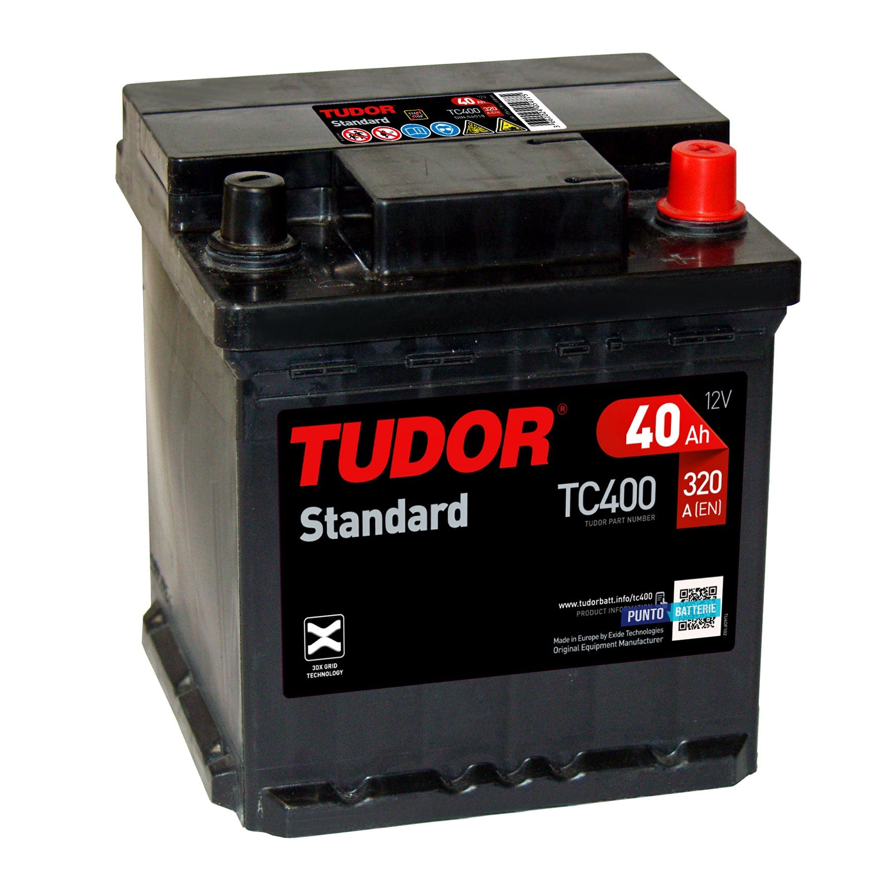 Batteria originale Tudor Standard TC400, dimensioni 175 x 175 x 190, polo positivo a destra, 12 volt, 40 amperora, 320 ampere. Batteria per auto e veicoli leggeri.
