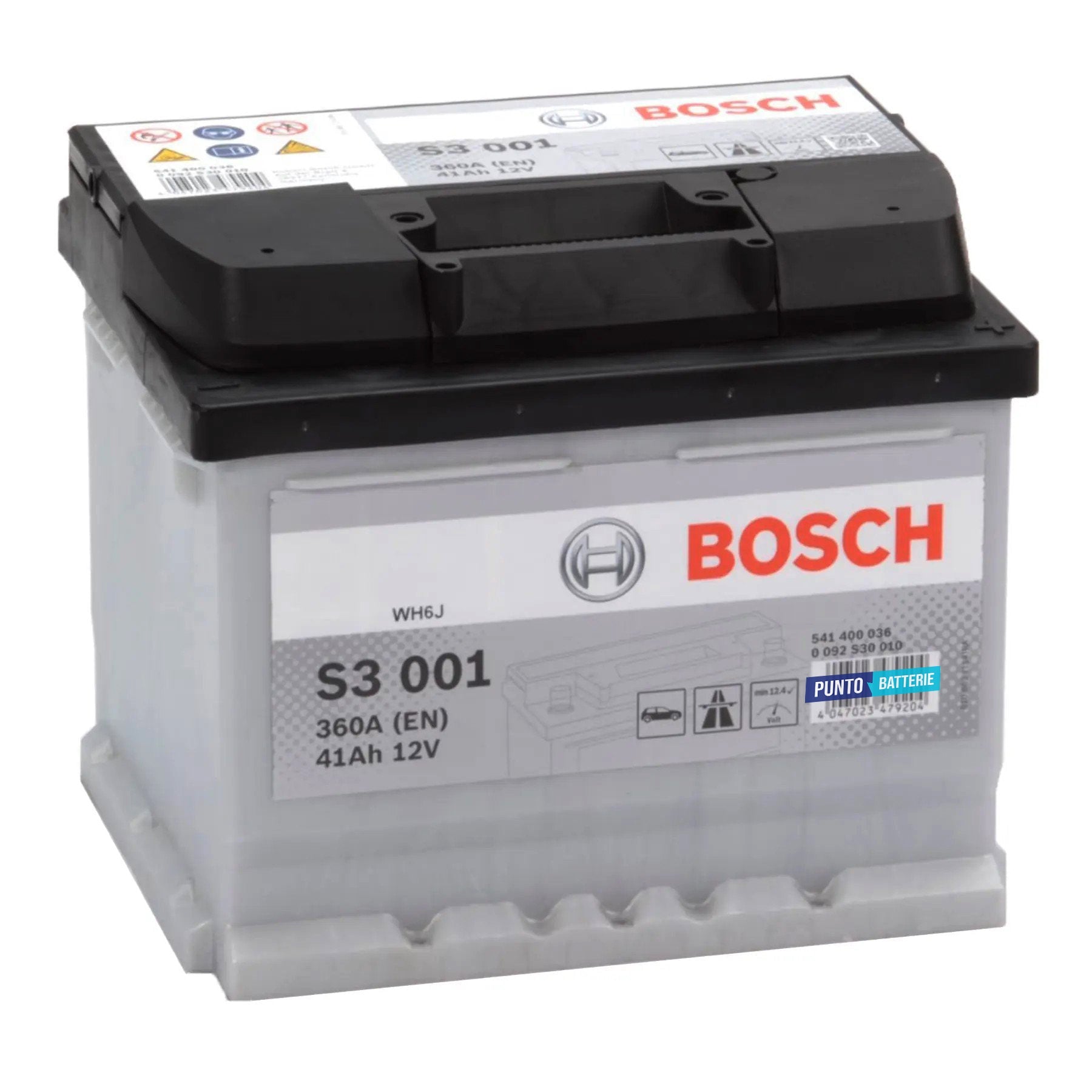 Batteria originale Bosch S3 S3 001, dimensioni 207 x 175 x 175, polo positivo a destra, 12 volt, 41 amperora, 360 ampere. Batteria per auto e veicoli leggeri.