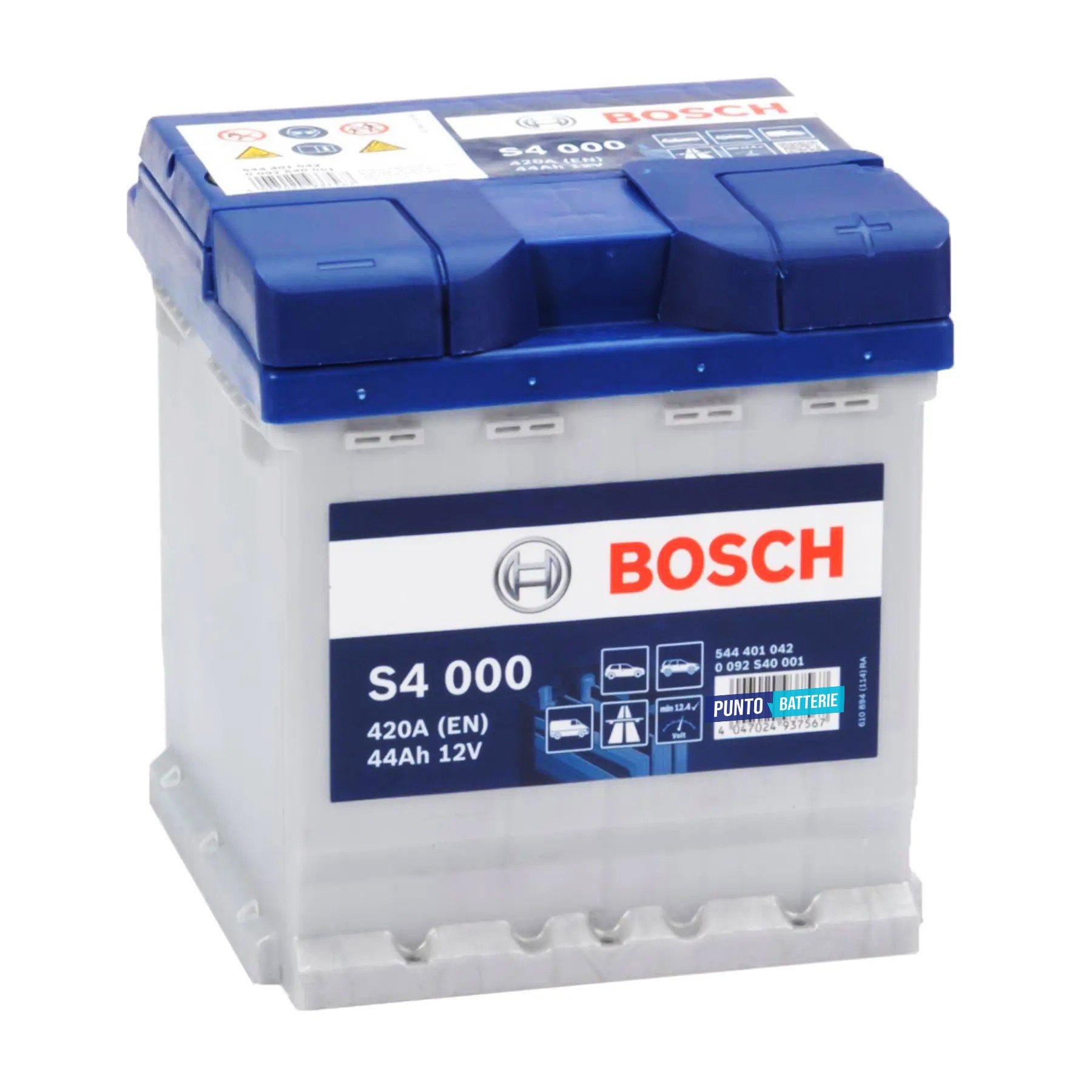 Batteria originale Bosch S4 S4 000, dimensioni 175 x 175 x 190, polo positivo a destra, 12 volt, 44 amperora, 420 ampere. Batteria per auto e veicoli leggeri.