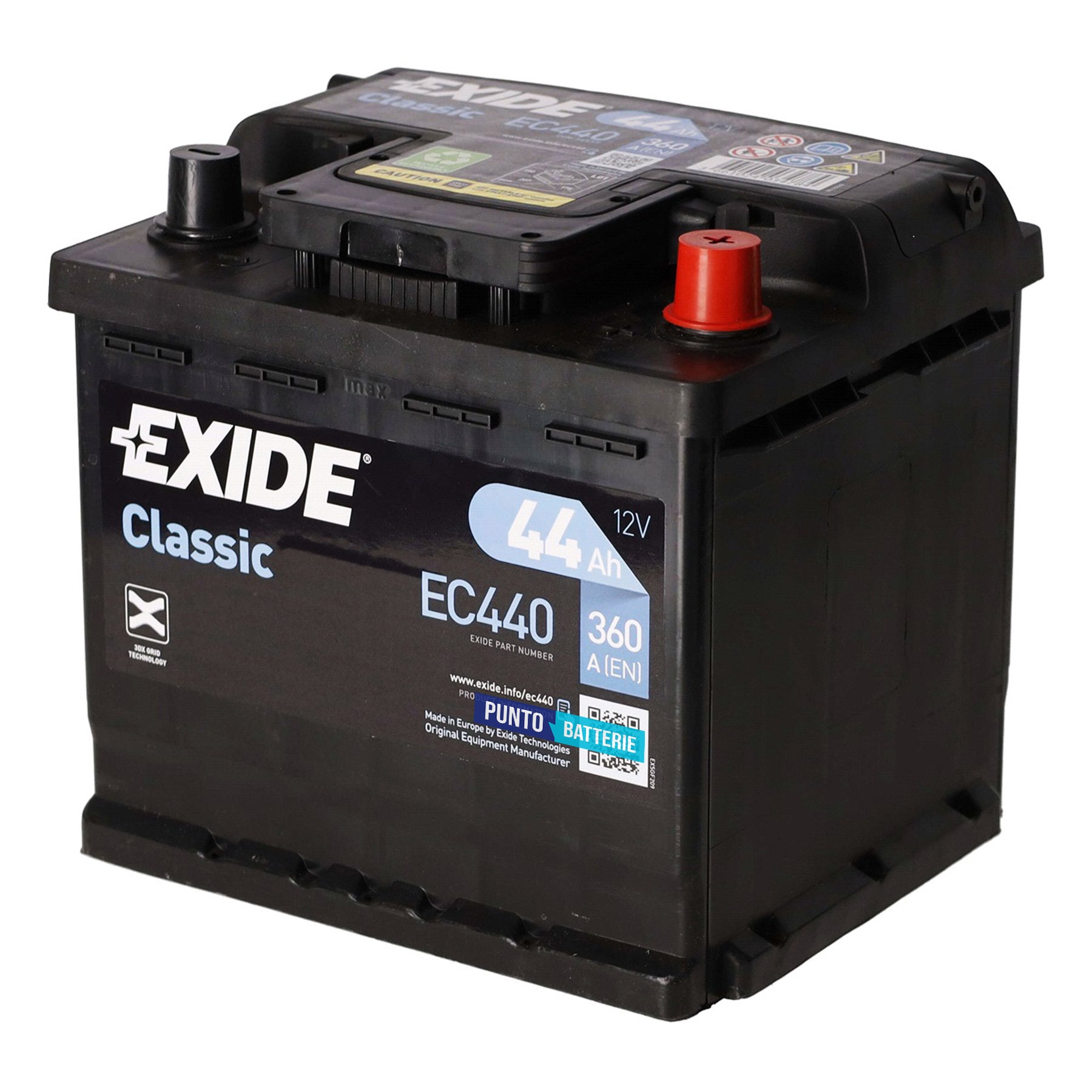 Batteria originale Exide Classic EC440, dimensioni 207 x 175 x 190, polo positivo a destra, 12 volt, 44 amperora, 360 ampere. Batteria per auto e veicoli leggeri.