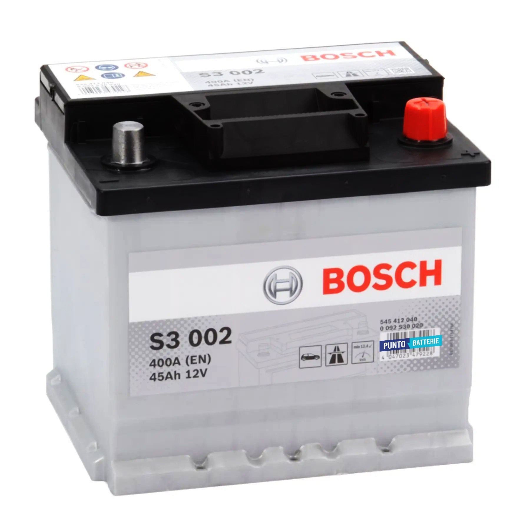 Batteria originale Bosch S3 S3 002, dimensioni 207 x 175 x 190, polo positivo a destra, 12 volt, 45 amperora, 400 ampere. Batteria per auto e veicoli leggeri.