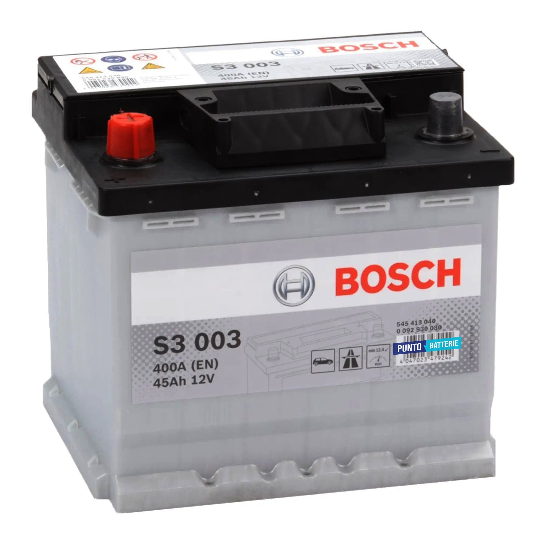 Batteria originale Bosch S3 S3 003, dimensioni 207 x 175 x 190, polo positivo a sinistra, 12 volt, 45 amperora, 400 ampere. Batteria per auto e veicoli leggeri.
