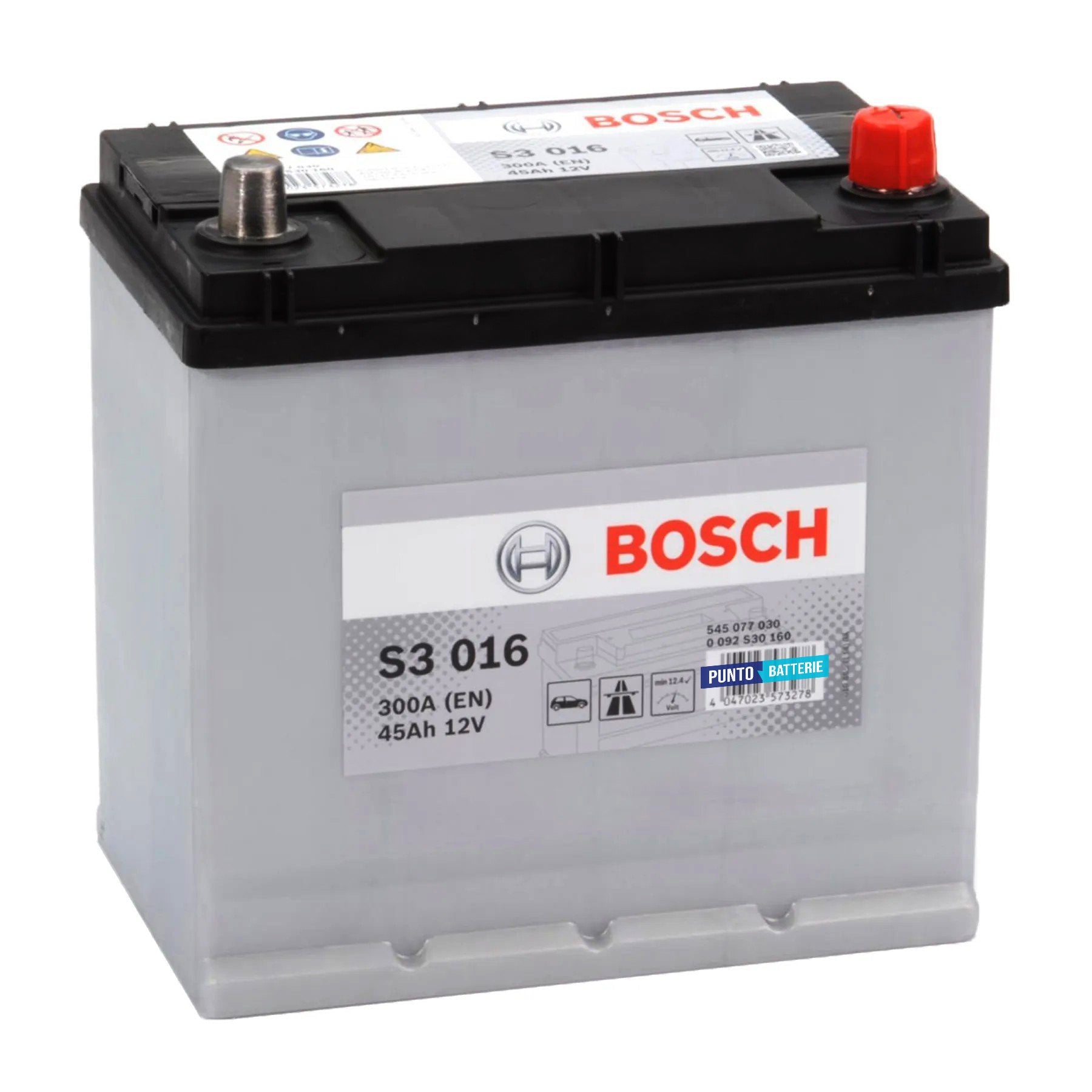 Batteria originale Bosch S3 S3 016, dimensioni 220 x 135 x 225, polo positivo a destra, 12 volt, 45 amperora, 300 ampere. Batteria per auto e veicoli leggeri.