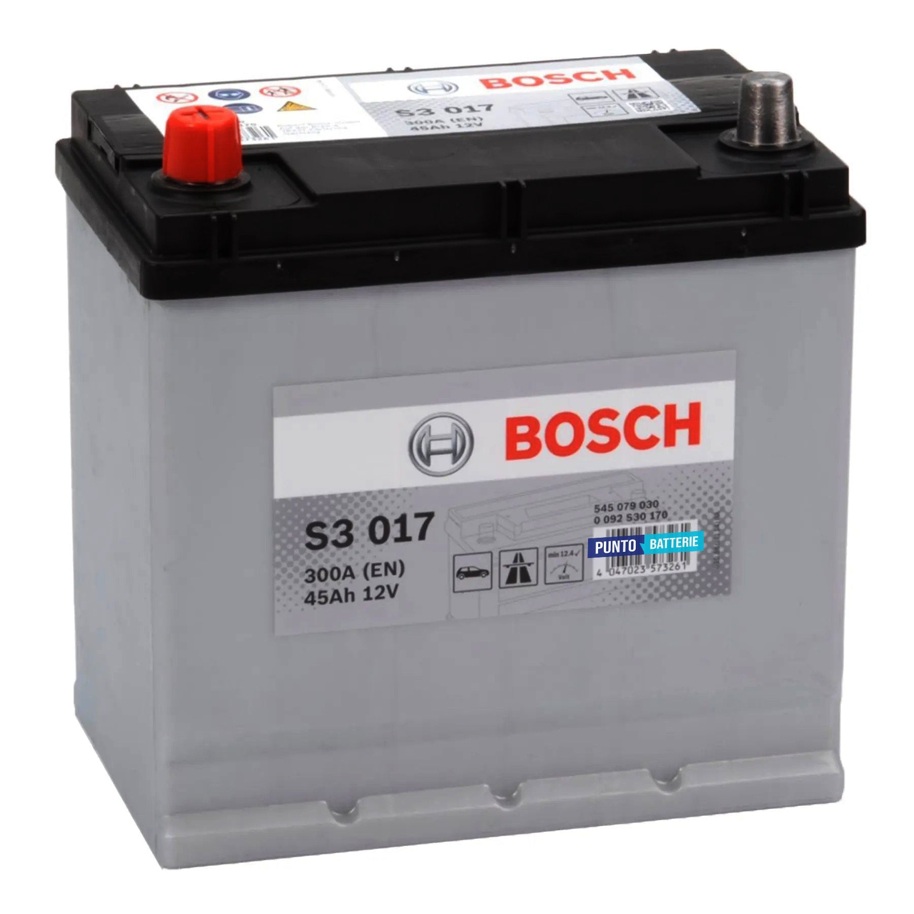 Batteria originale Bosch S3 S3 017, dimensioni 220 x 135 x 225, polo positivo a sinistra, 12 volt, 45 amperora, 300 ampere. Batteria per auto e veicoli leggeri.