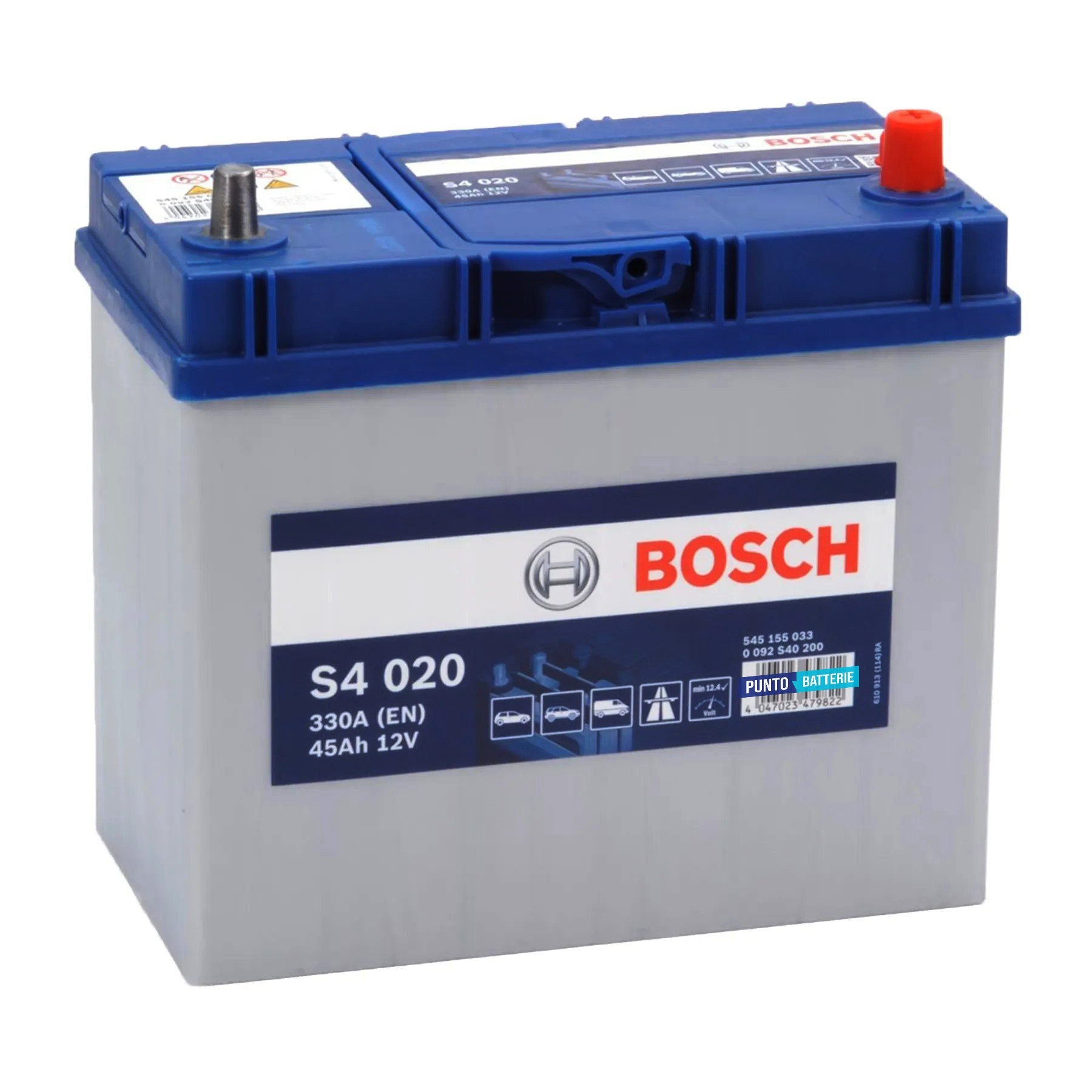 Batteria originale Bosch S4 S4 020, dimensioni 238 x 129 x 227, polo positivo a destra, 12 volt, 45 amperora, 330 ampere. Batteria per auto e veicoli leggeri.