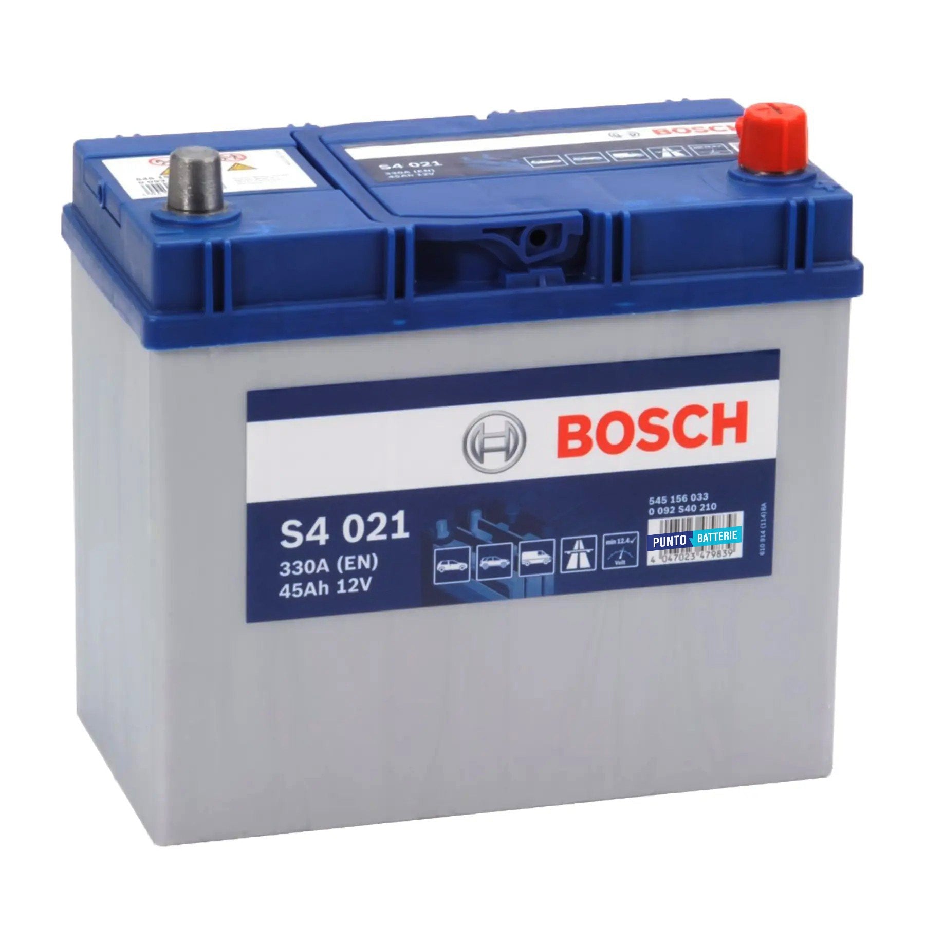 Batteria originale Bosch S4 S4 021, dimensioni 238 x 129 x 227, polo positivo a destra, 12 volt, 45 amperora, 330 ampere. Batteria per auto e veicoli leggeri.
