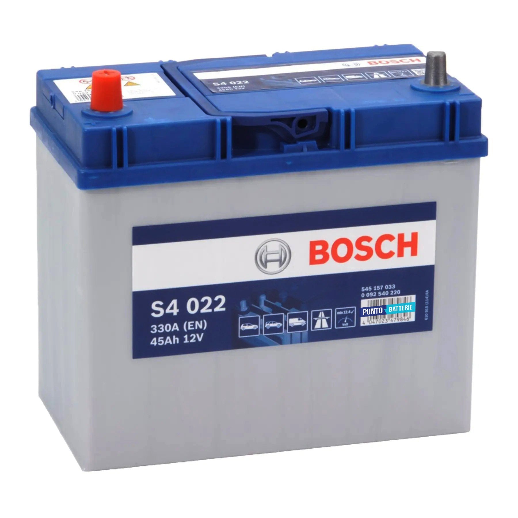 Batteria originale Bosch S4 S4 022, dimensioni 238 x 129 x 227, polo positivo a sinistra, 12 volt, 45 amperora, 330 ampere. Batteria per auto e veicoli leggeri.