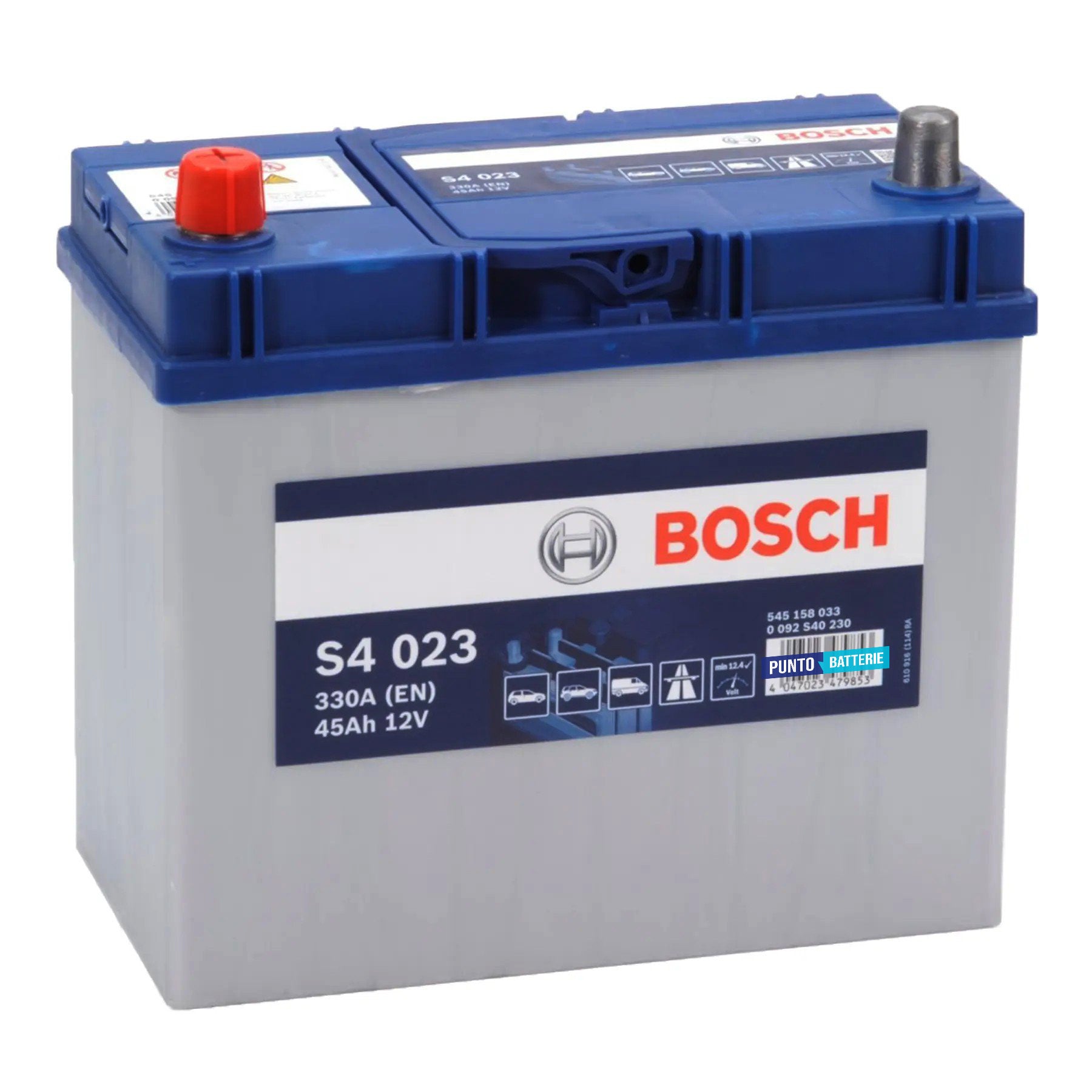 Batteria originale Bosch S4 S4 023, dimensioni 238 x 129 x 227, polo positivo a sinistra, 12 volt, 45 amperora, 330 ampere. Batteria per auto e veicoli leggeri.