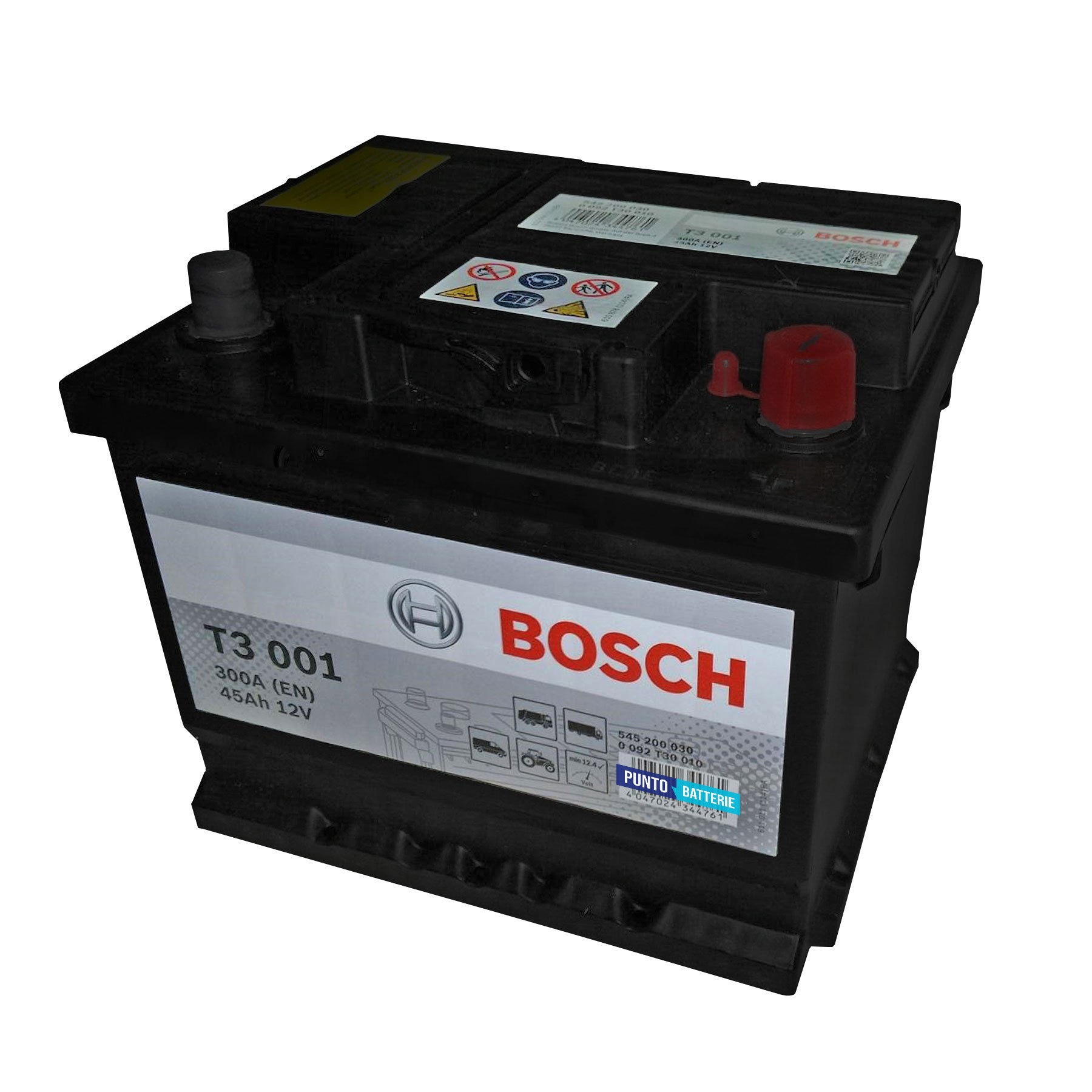 Batteria originale Bosch T3 T3001, dimensioni 207 x 175 x 175, polo positivo a destra, 12 volt, 45 amperora, 300 ampere. Batteria per camion e veicoli pesanti.