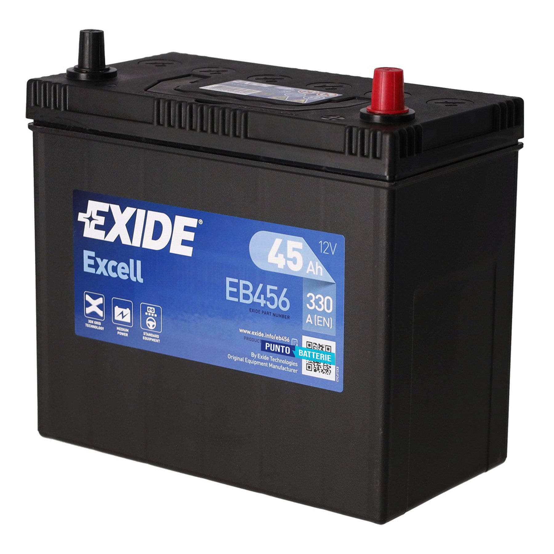 Batteria originale Exide Excell EB456, dimensioni 237 x 127 x 227, polo positivo a destra, 12 volt, 45 amperora, 330 ampere. Batteria per auto e veicoli leggeri.