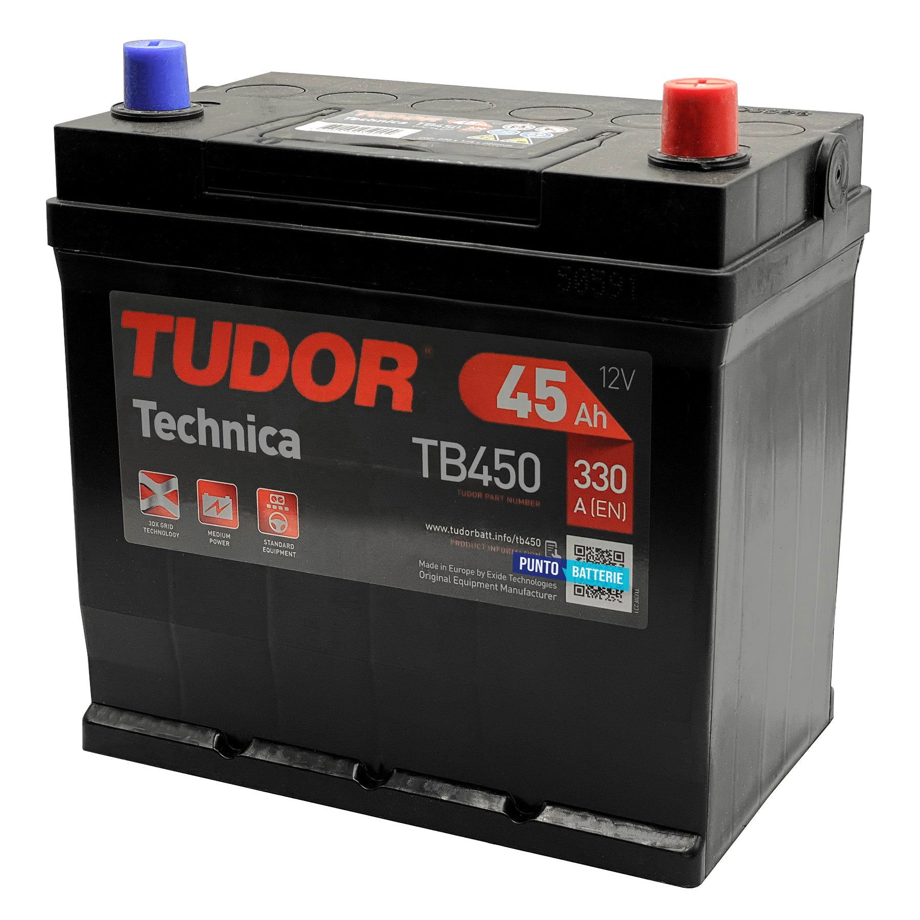 Batteria originale Tudor Technica TB450, dimensioni 220 x 135 x 225, polo positivo a destra, 12 volt, 45 amperora, 330 ampere. Batteria per auto e veicoli leggeri.